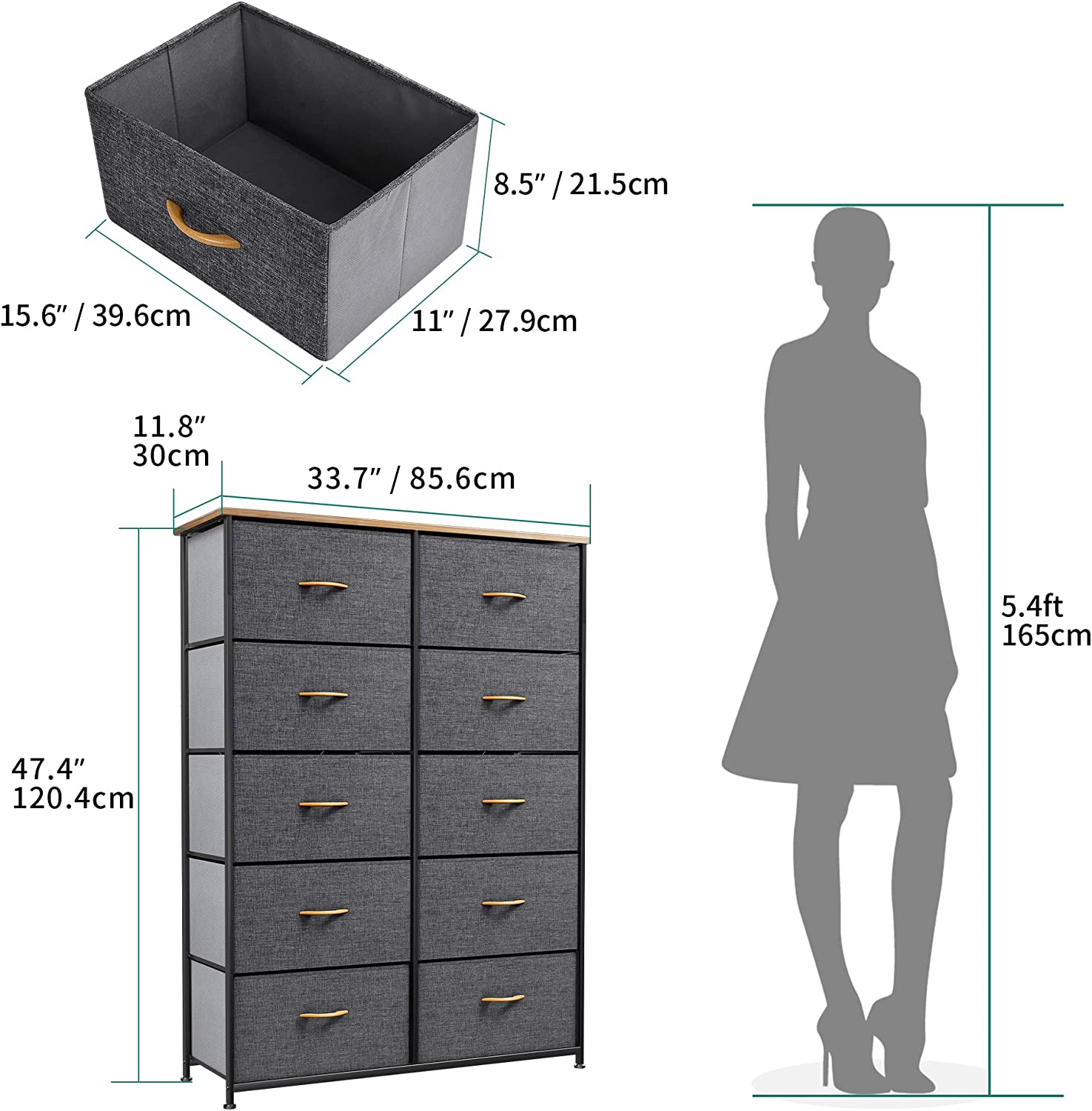 10 Drawer Dresser, Fabric Storage Tower, Tall Dresser for Bedroom, Living Room, Hallway, Closets, Sturdy Steel Frame, Wooden Top, Easy Pull Fabric Bins