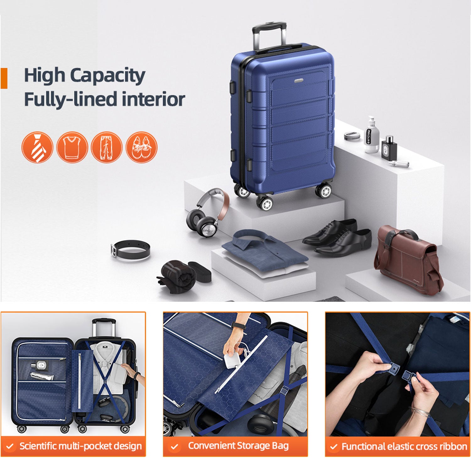 3 Piece Luggage Set Expandable ABS Hard Shell luggage TSA Lock Hardside Double Spinner Wheels Suitcase BLUE