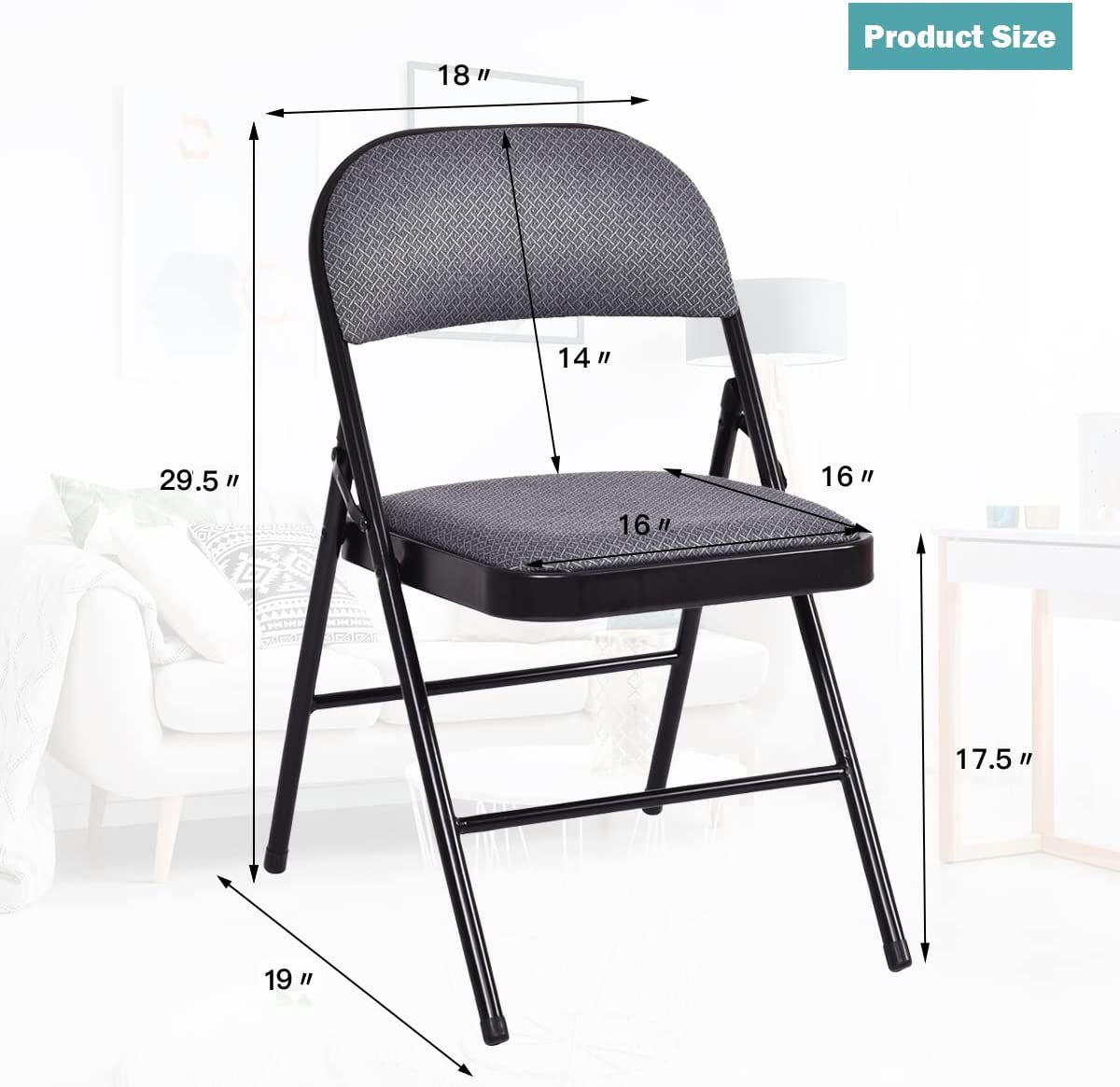 Set of 4 Folding Chairs Fabric Upholstered Padded Seat Metal Frame Home Office