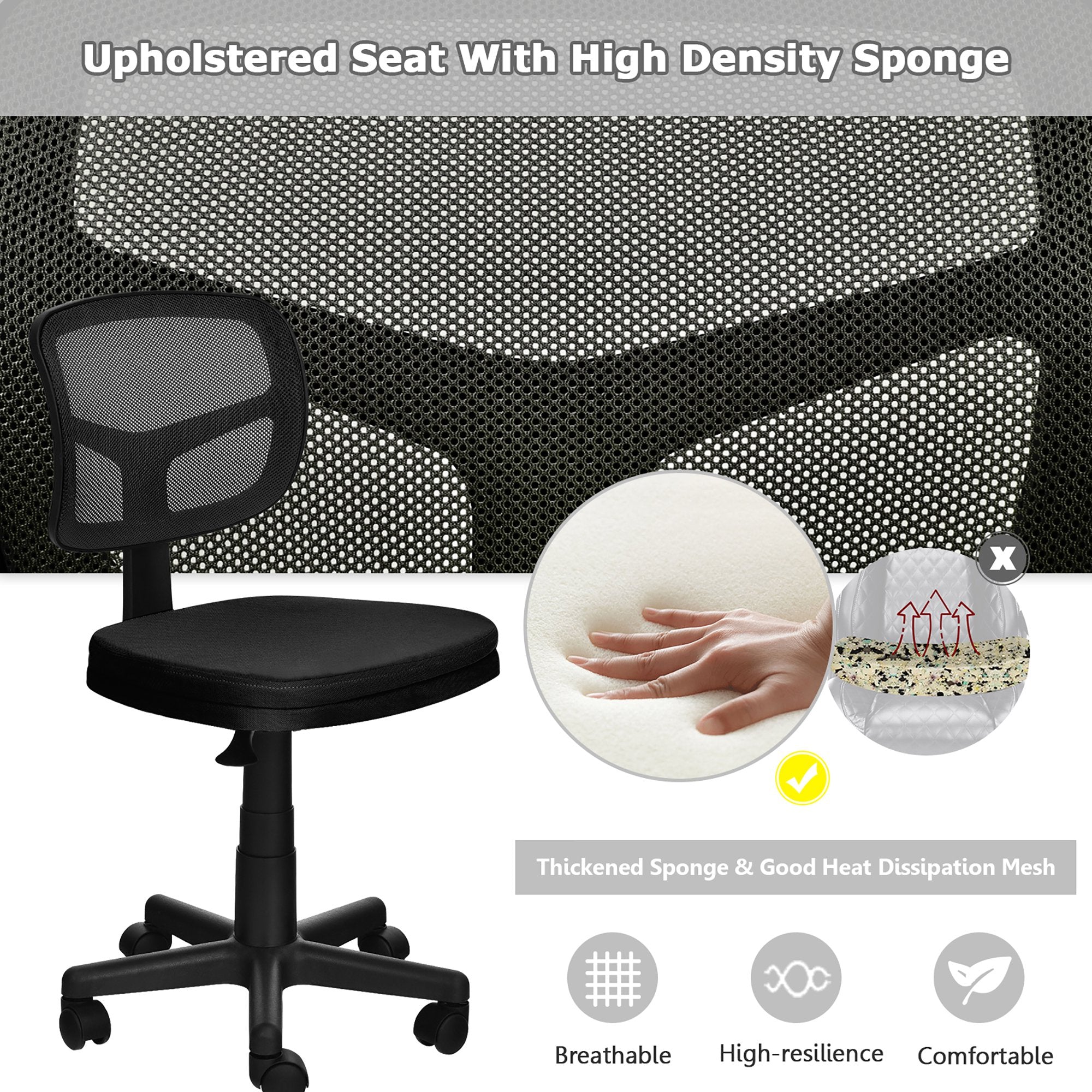 Armless Office Chair Adjustable Swivel Computer Mesh Desk Chair Black