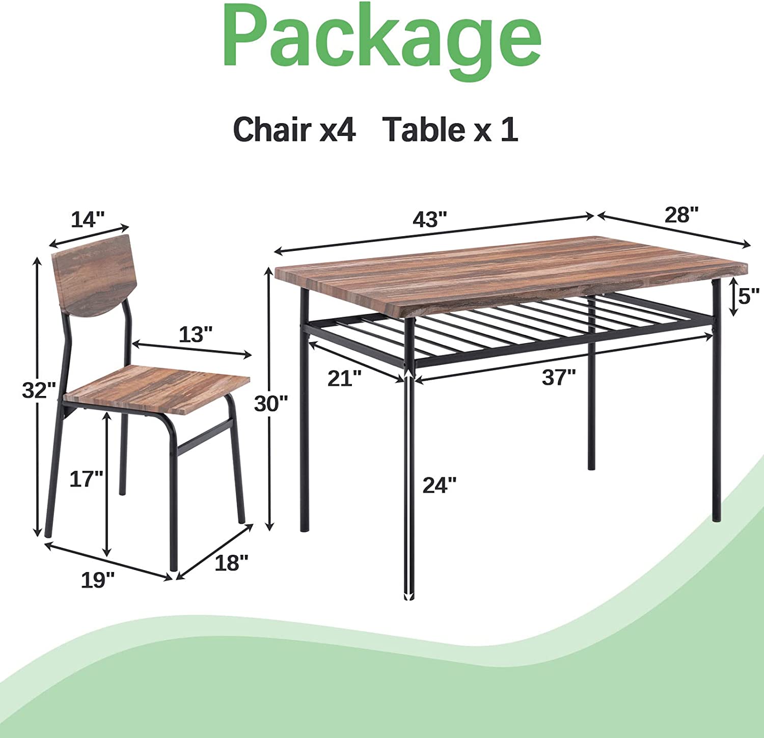 Dining Table Set 5-Piece Metal and Wood Rectangular Dining Room Table