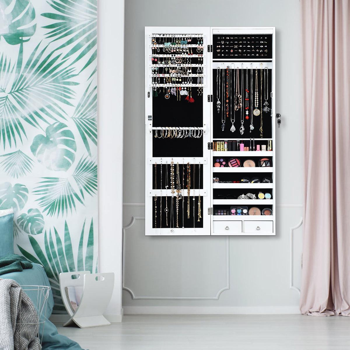 Wall Door Mounted Mirror Jewelry Cabinet Organizer w/LED Light