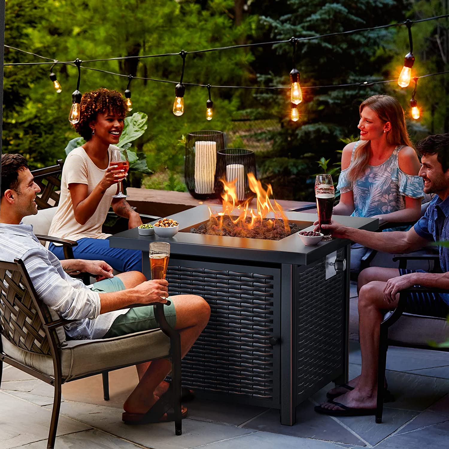 Propane Fire Pits 28 Inch Outdoor Gas Fire Pit, 50,000 BTU Steel Fire Table with Lid and Lava Rock, Add Warmth and Ambience to Gatherings and Parties On Patio Deck Garden Backyard, Black