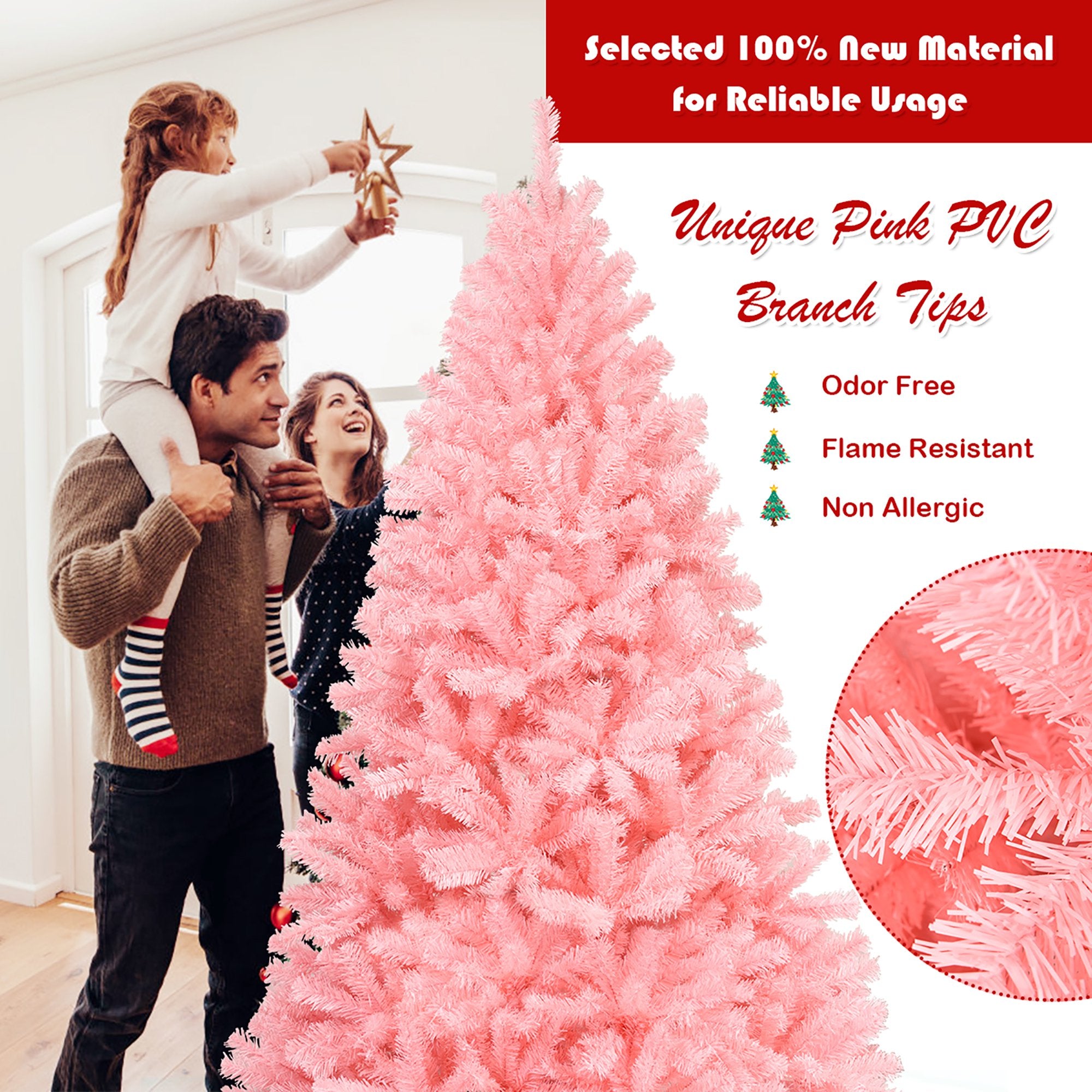 7.5Ft Hinged Artificial Christmas Tree Full Fir Tree New PVC w/ Metal Stand Pink