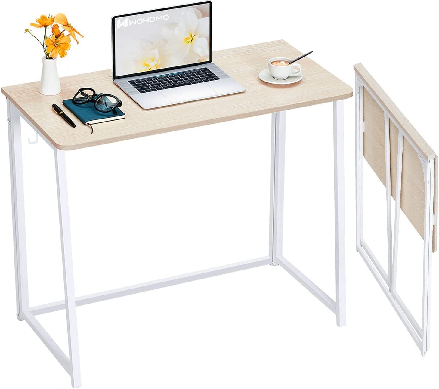 Folding Desk, Small Foldable Desk for Small Spaces, Space Saving Computer Table Writing Workstation for Home Office, Easy Assembly, Oak