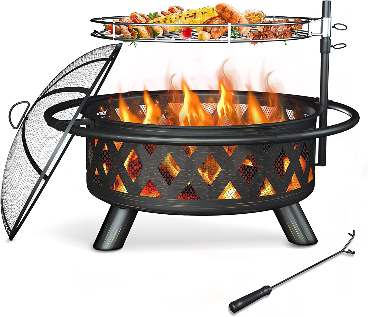 Fire Pit for Outside, 30 Inch Large Outdoor Wood Burning Fire Pits, Patio Backyard Firepit with Steel BBQ Grill Cooking Grate, Spark Screen  Poker for Garden, Bonfire, Camping, Picnic
