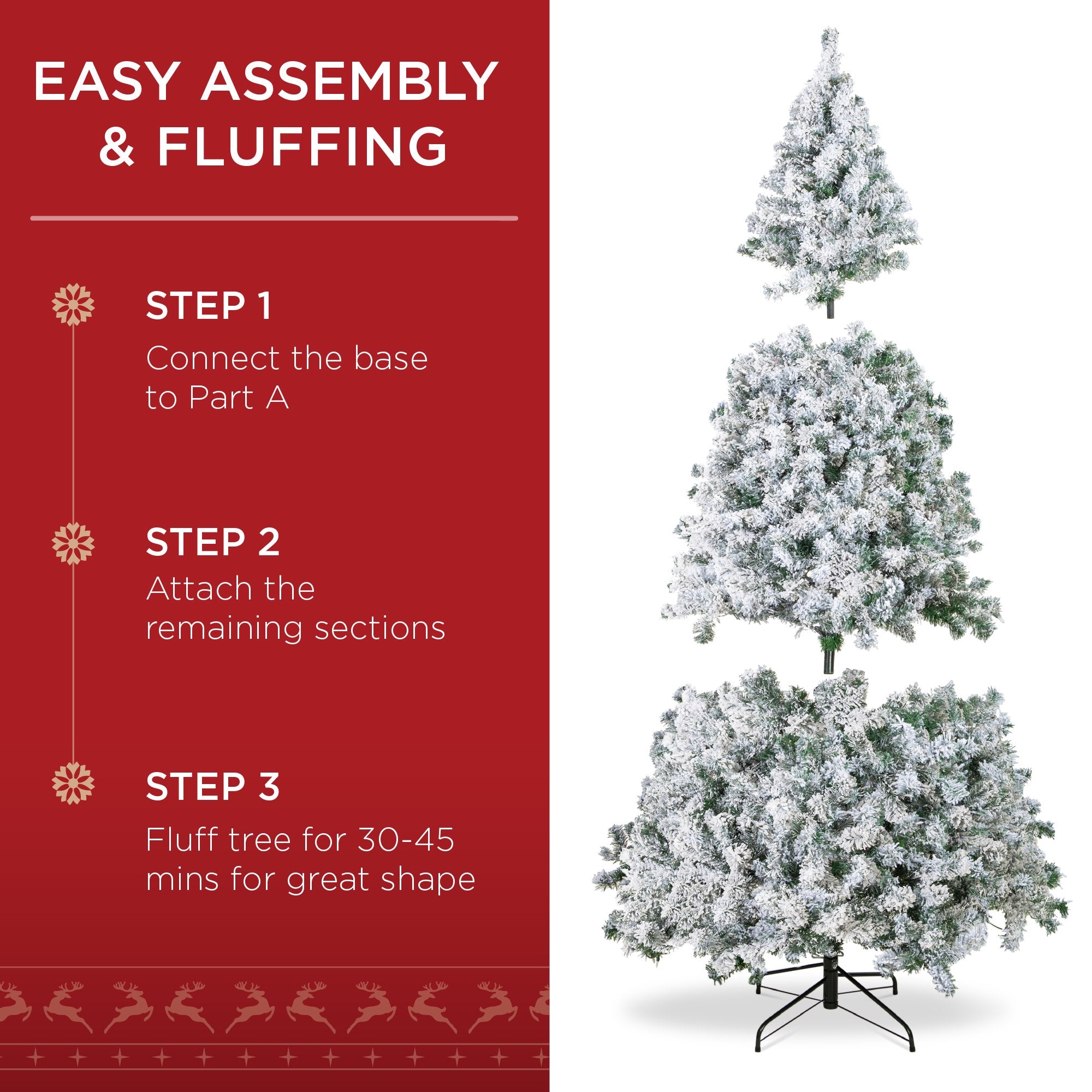 6ft Premium Holiday Christmas Pine Tree w/ Snow Flocked Branches, Foldable Metal Base