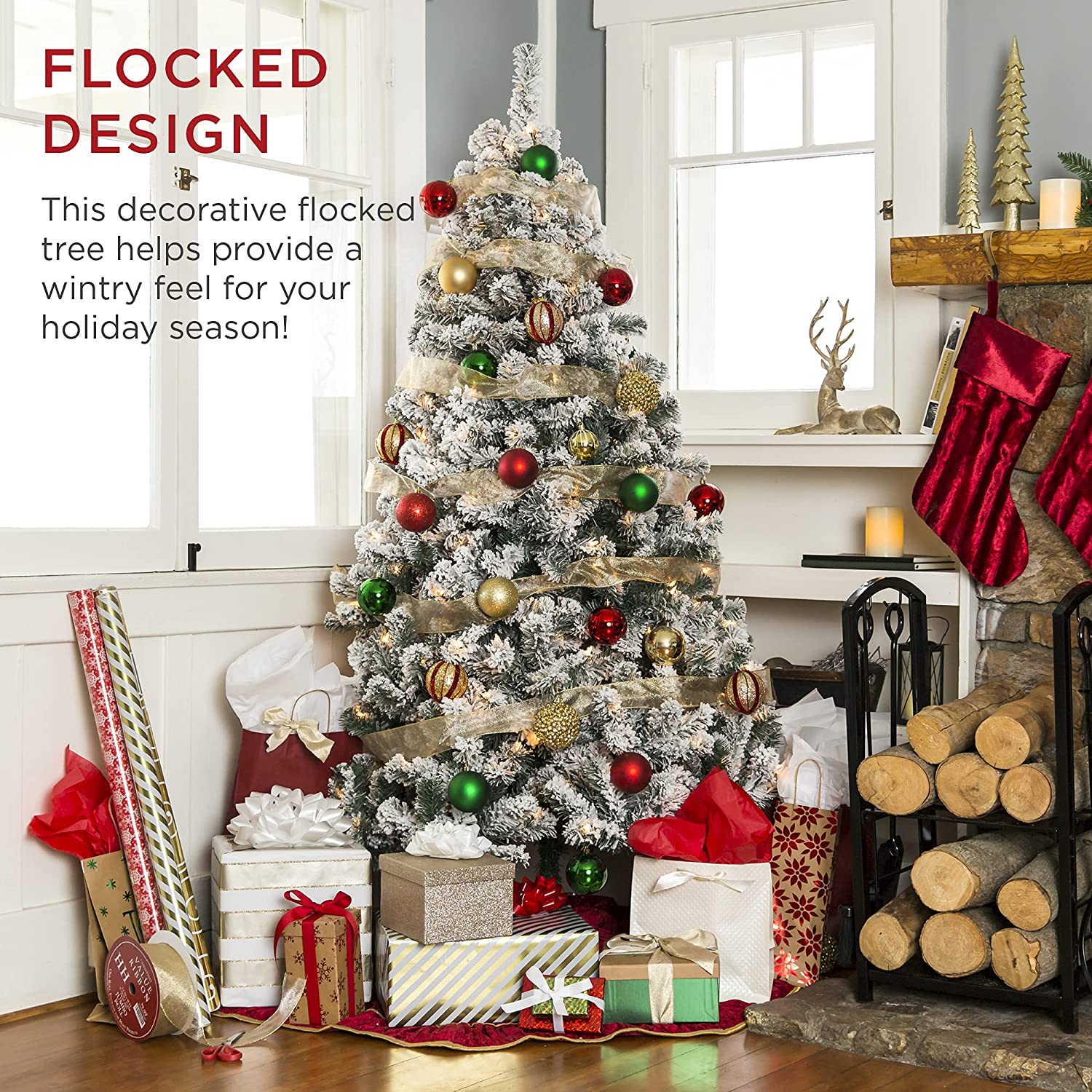 6ft Pre Lit Snow Flocked Artificial Holiday Christmas Pine Tree for Home, Office, Party Decoration w/ 250 Warm White Lights, Metal Hinges  Base