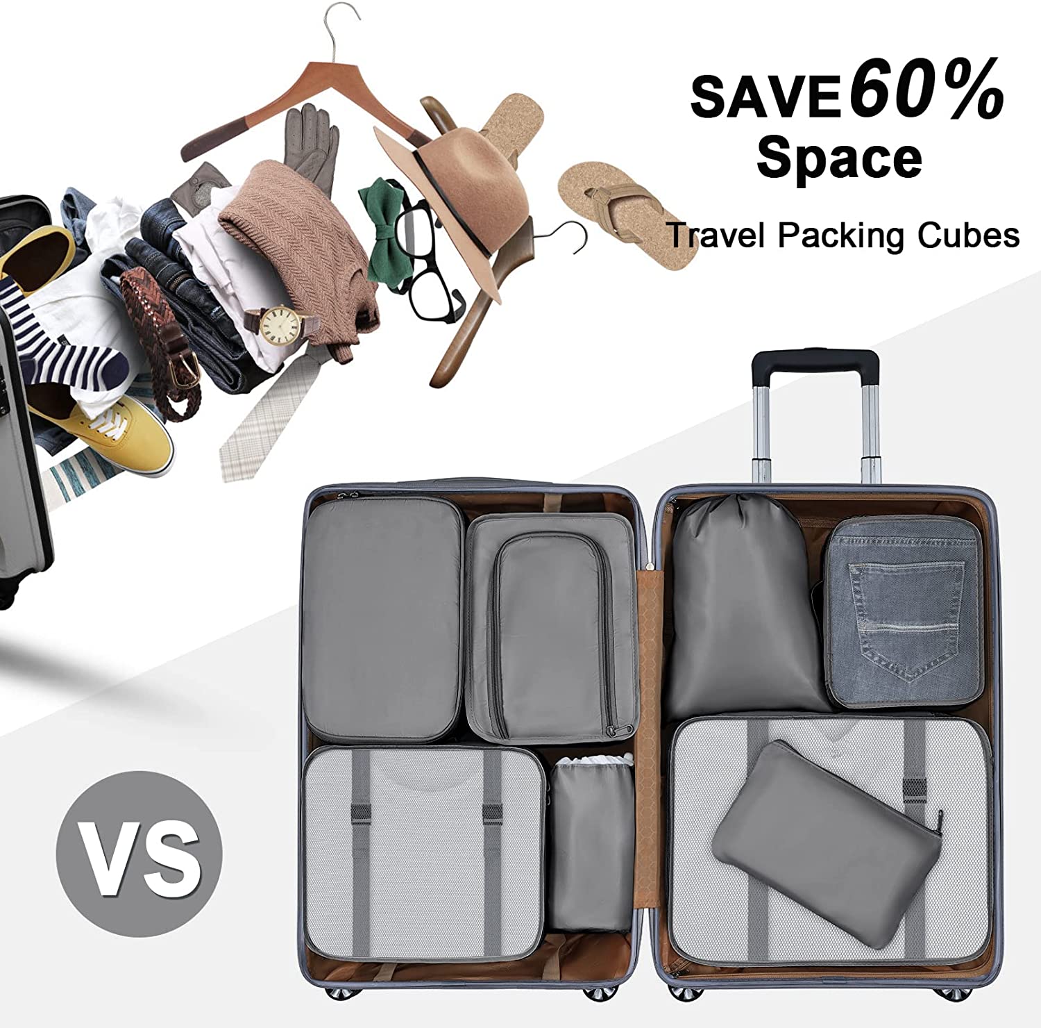 Packing Cubes for Travel, 8 Pcs Travel Cubes Set Foldable Suitcase Organizer Lightweight Luggage Storage Bag (Gray)