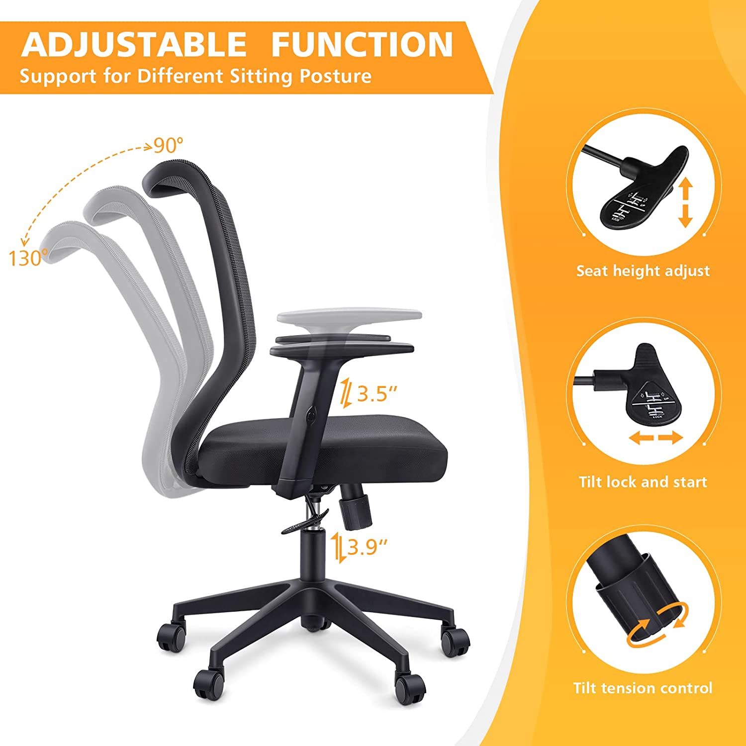ALPILON Office Chair with Adjustable Arms Mid-Back Desk Chair Black