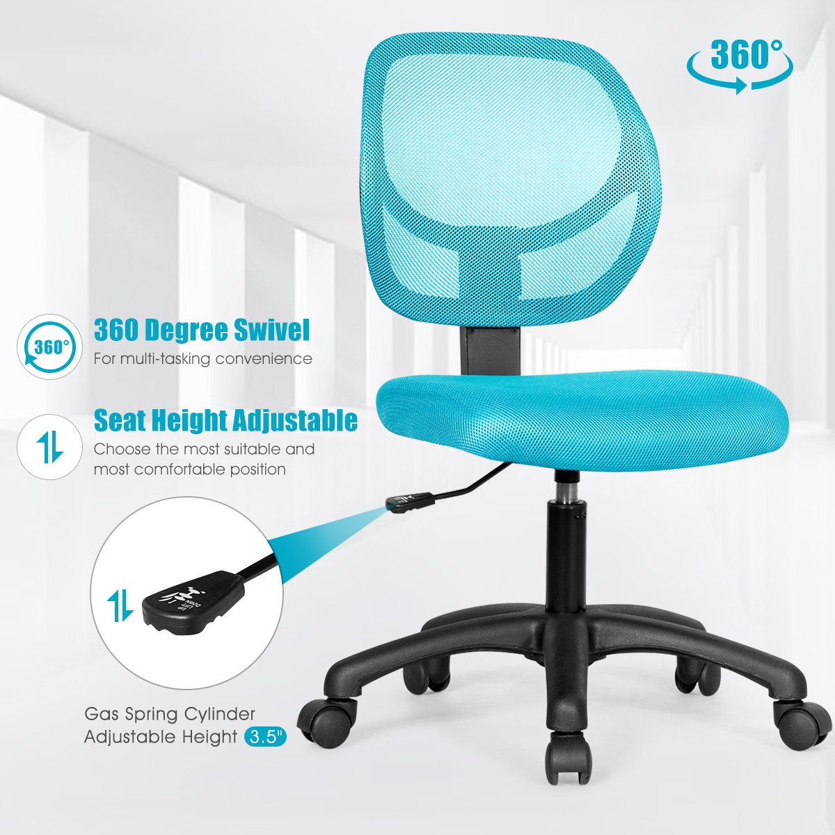 Mesh Office Chair Low-Back Armless Computer Desk Chair Adjustable Height Blue