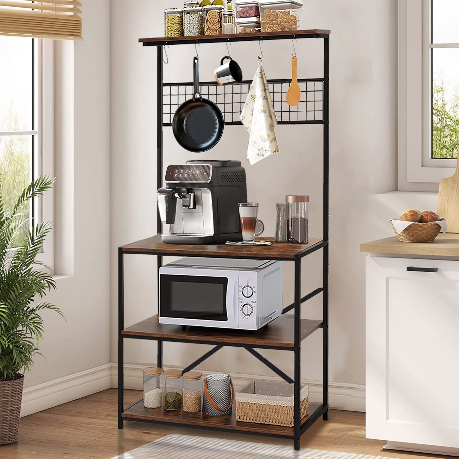 4 Tier Baker's Rack for Kitchens Rack Storage Shelf Cart with Hanging Hooks Brown