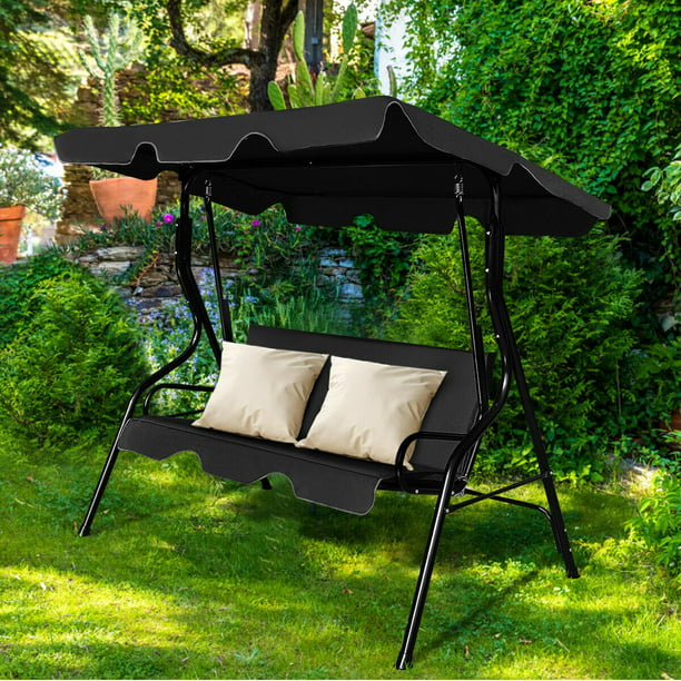 Patio 3 Seats Canopy Swing Glider Hammock Cushioned Steel Frame Outdoor Black