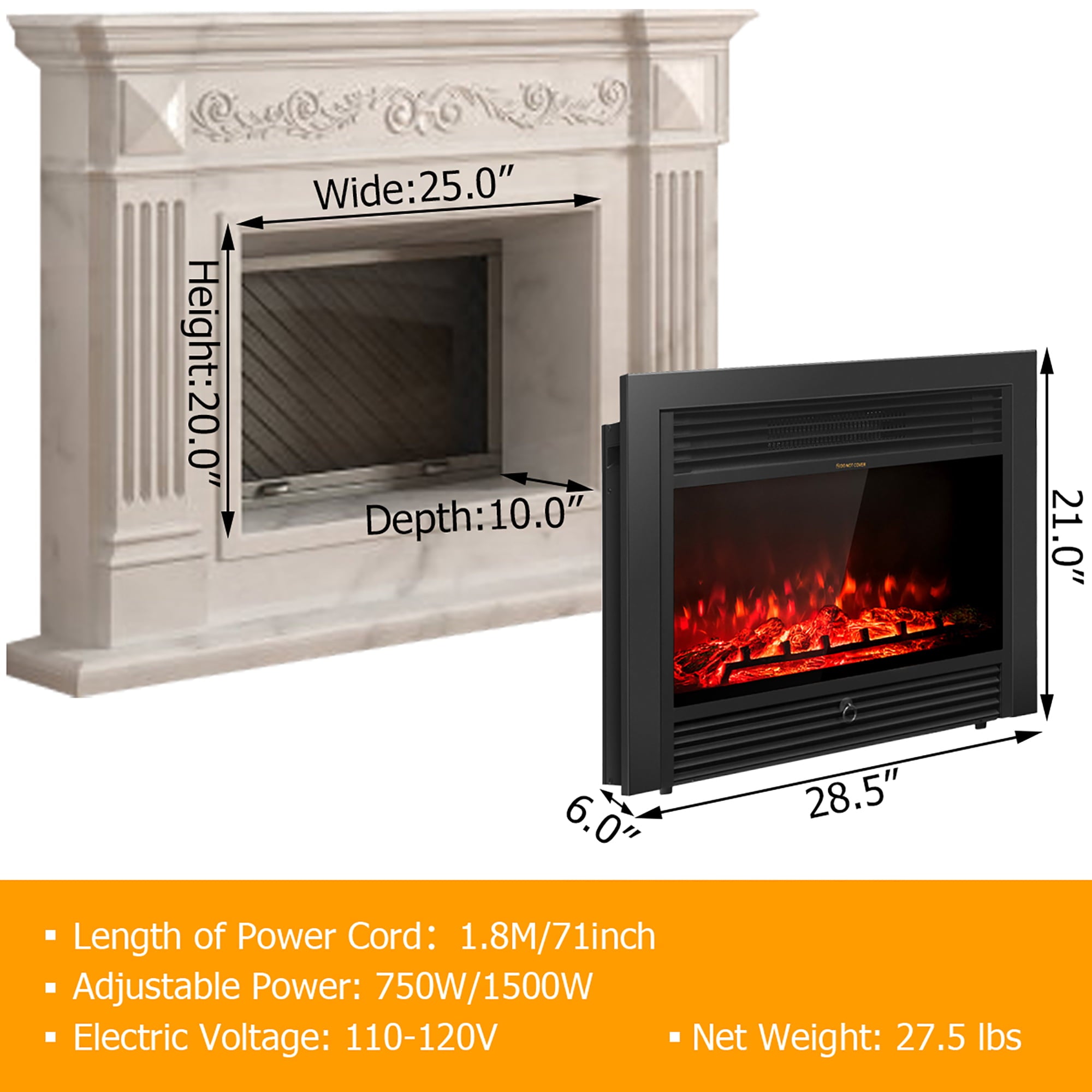 28.5in Fireplace Electric Embedded Insert Heater Glass Log Flame Remote