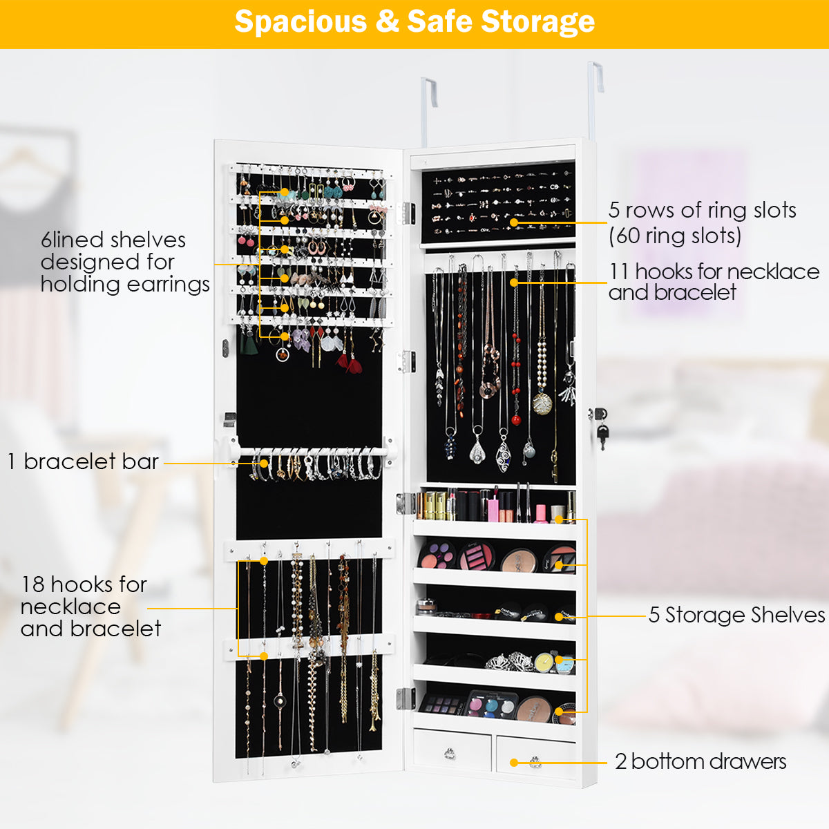 Wall Door Mounted Mirror Jewelry Cabinet Organizer w/LED Light