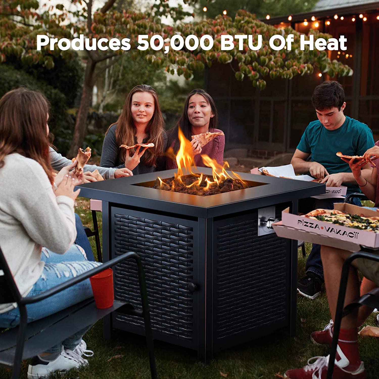 Propane Fire Pits 28 Inch Outdoor Gas Fire Pit, 50,000 BTU Steel Fire Table with Lid and Lava Rock, Add Warmth and Ambience to Gatherings and Parties On Patio Deck Garden Backyard, Black