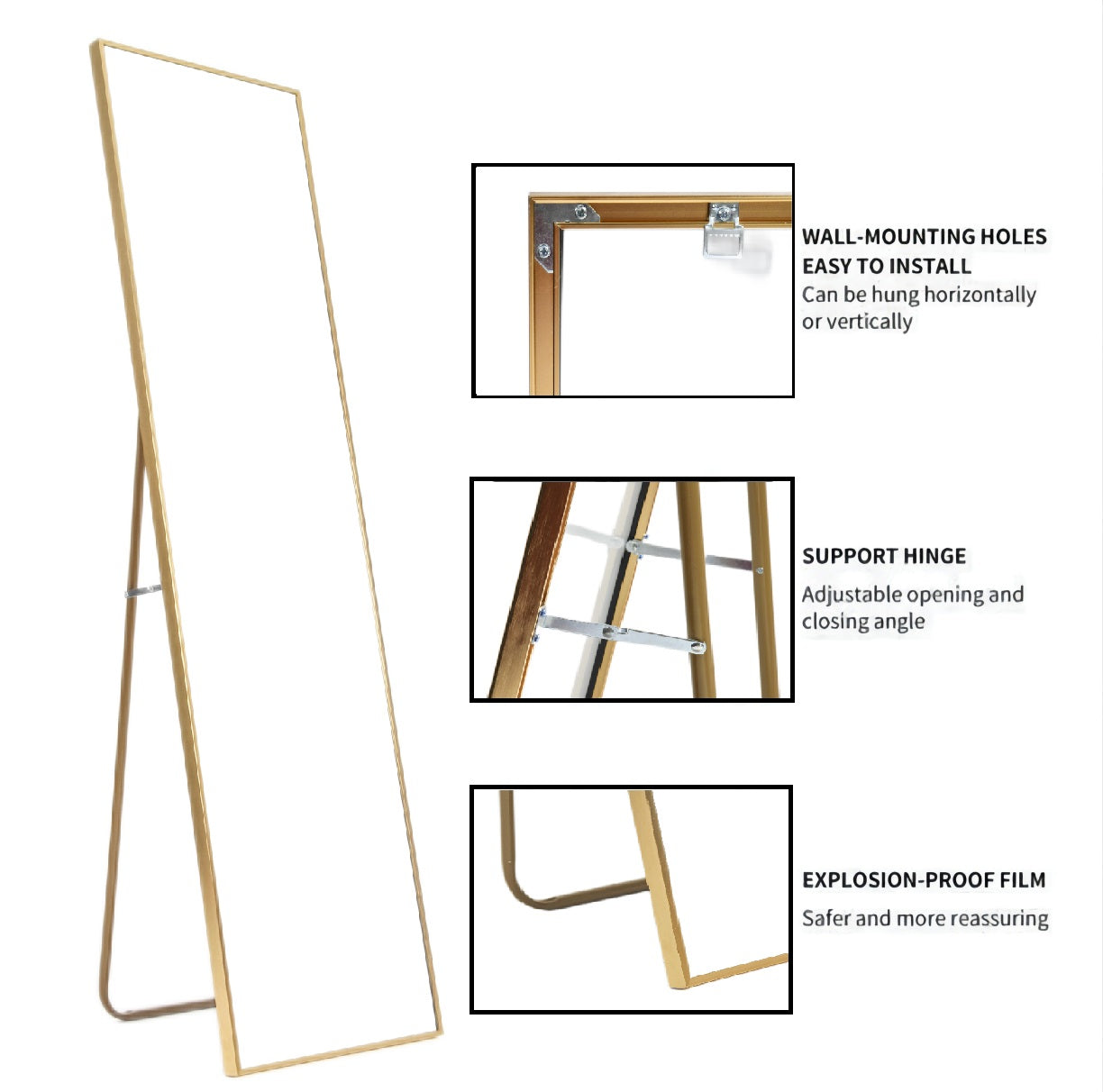 65 inch Full Length Mirror Rectangle Body Floor Mirror, Gold