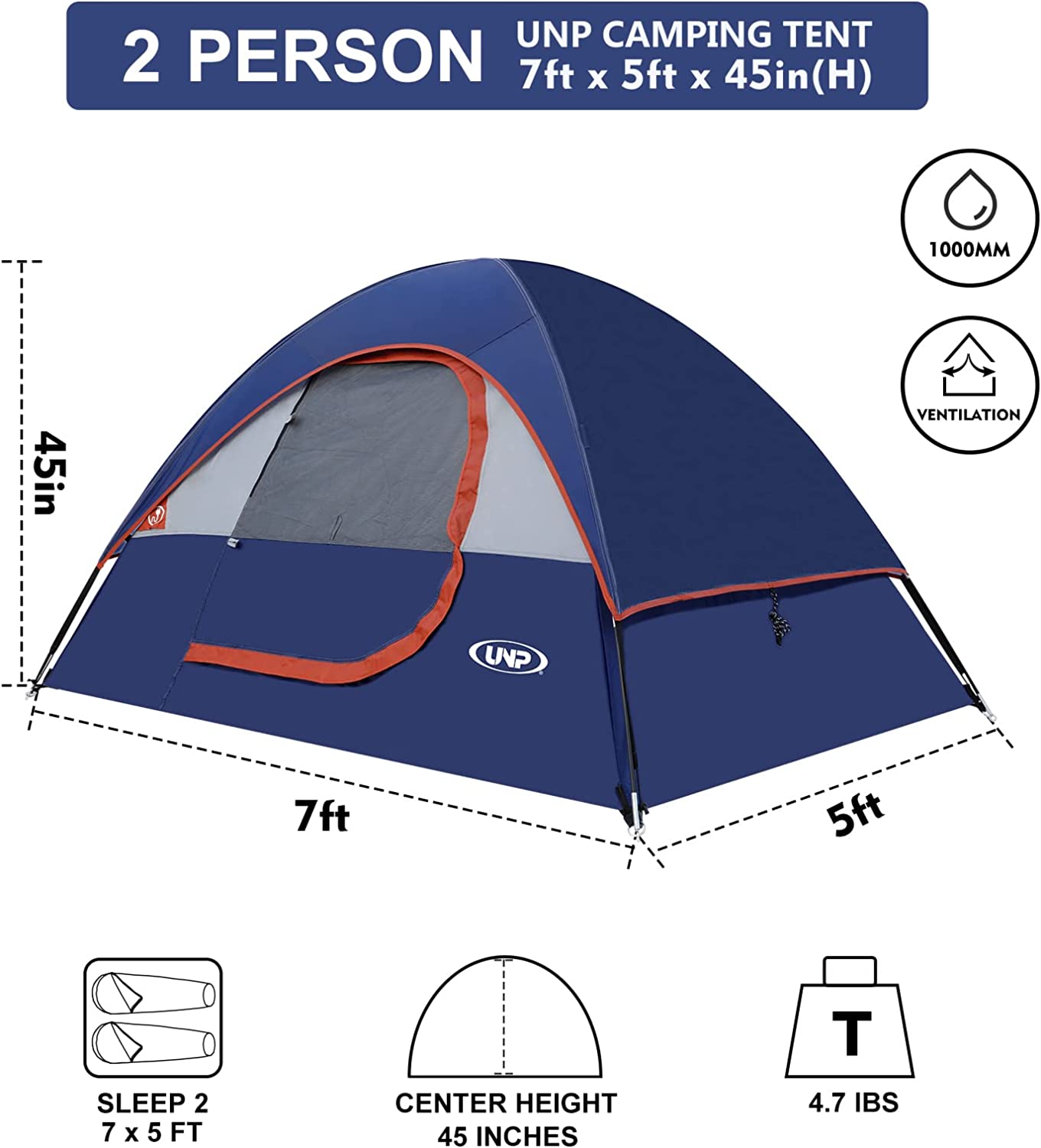 Camping Tent 2 Person Waterproof Windproof Tent with Rainfly