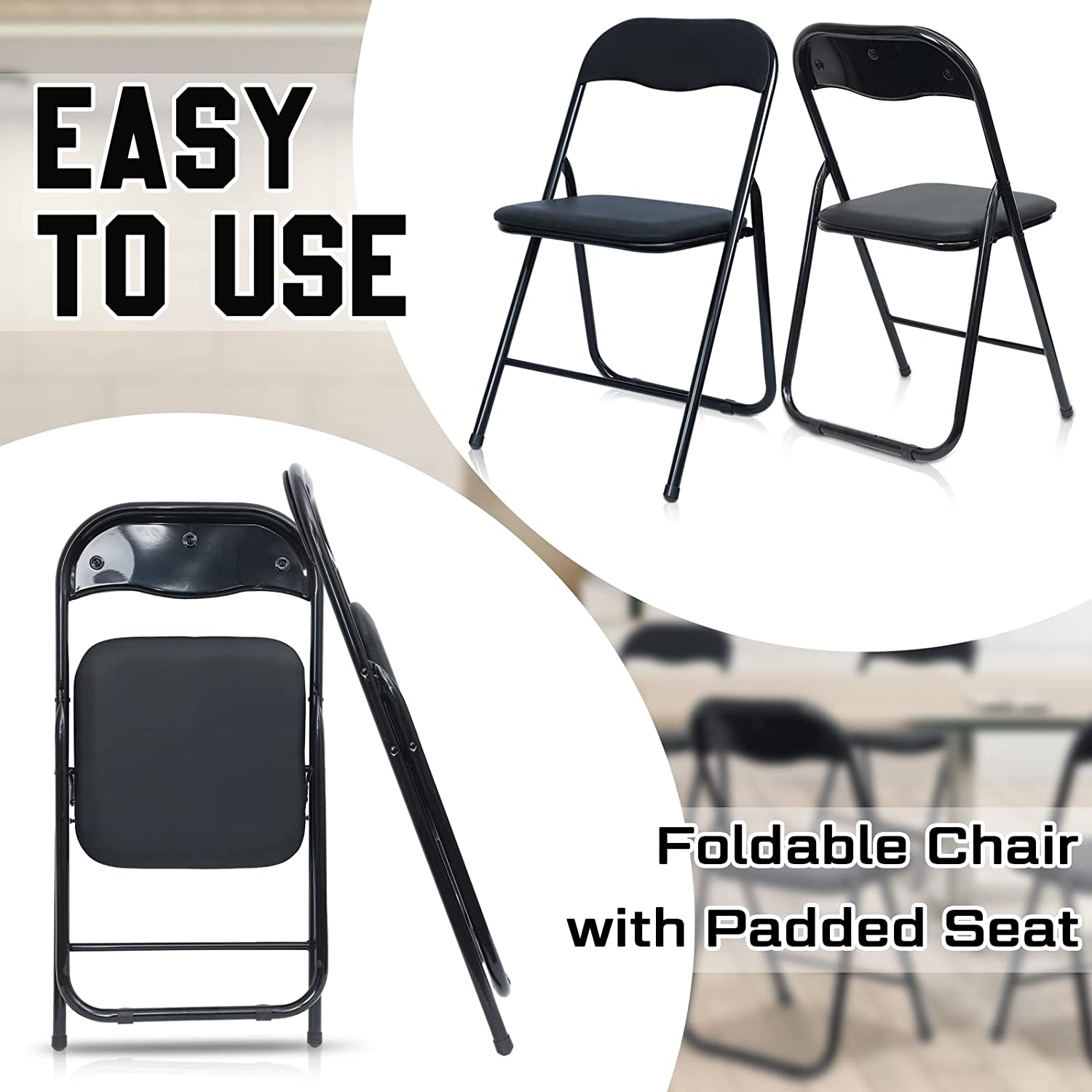 Deluxe Vinyl Padded Metal Folding Chair, 6 Pack, Black