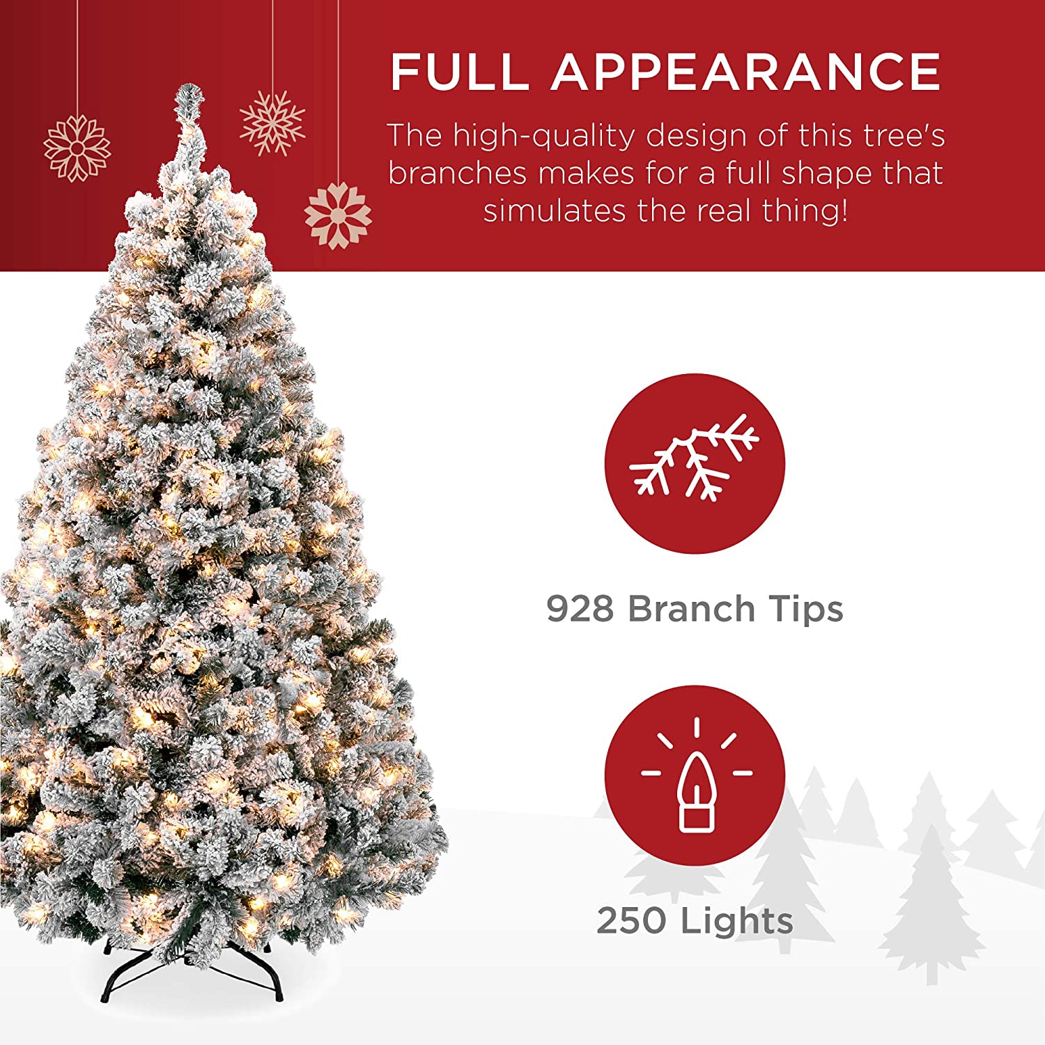 6ft Pre Lit Snow Flocked Artificial Holiday Christmas Pine Tree for Home, Office, Party Decoration w/ 250 Warm White Lights, Metal Hinges  Base