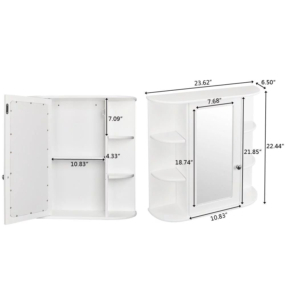 Wooden Bathroom Wall Mounted Storage Cabinet with Mirror Door  8 Shelves, White