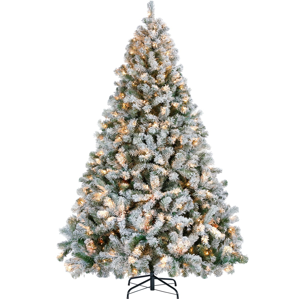 7.5Ft Pre-lit Flocked Artificial Christmas Tree with Foldable Stand and Warm Lights, Green