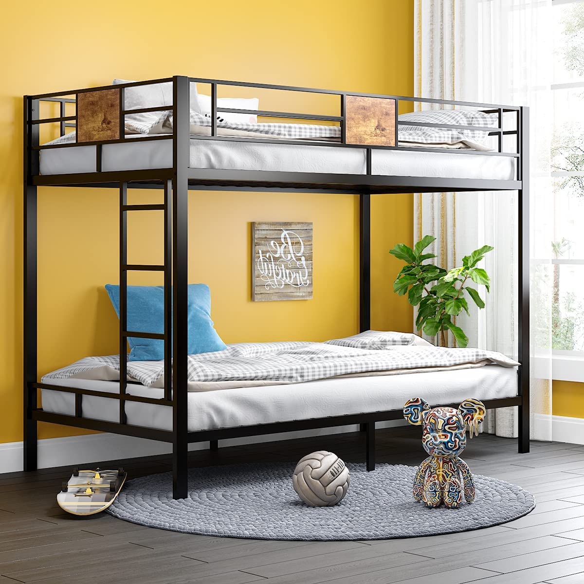 Bunk Bed Twin Over Twin Size with Ladder and Full-Length Guardrail, Metal Bunk Bed, Storage Space, No Box Spring Needed, Noise Free, Black