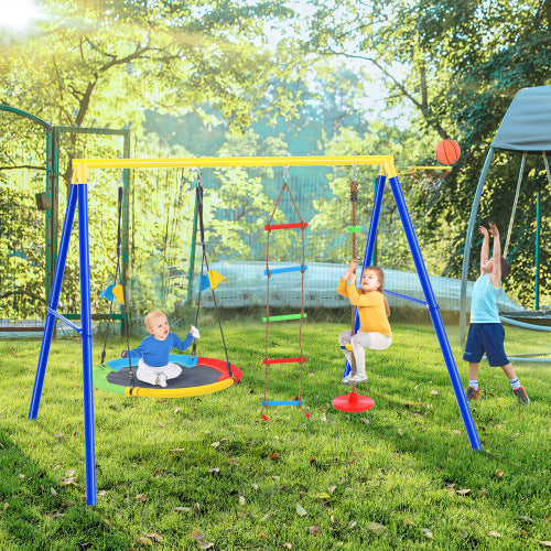 4 in 1 Outdoor Toddler Saucer Swing Set for Backyard, Playground Tree Swing Sets with Steel Frames, Climbing Rope with Disc Tree Swing Playset and Basketball Hoop