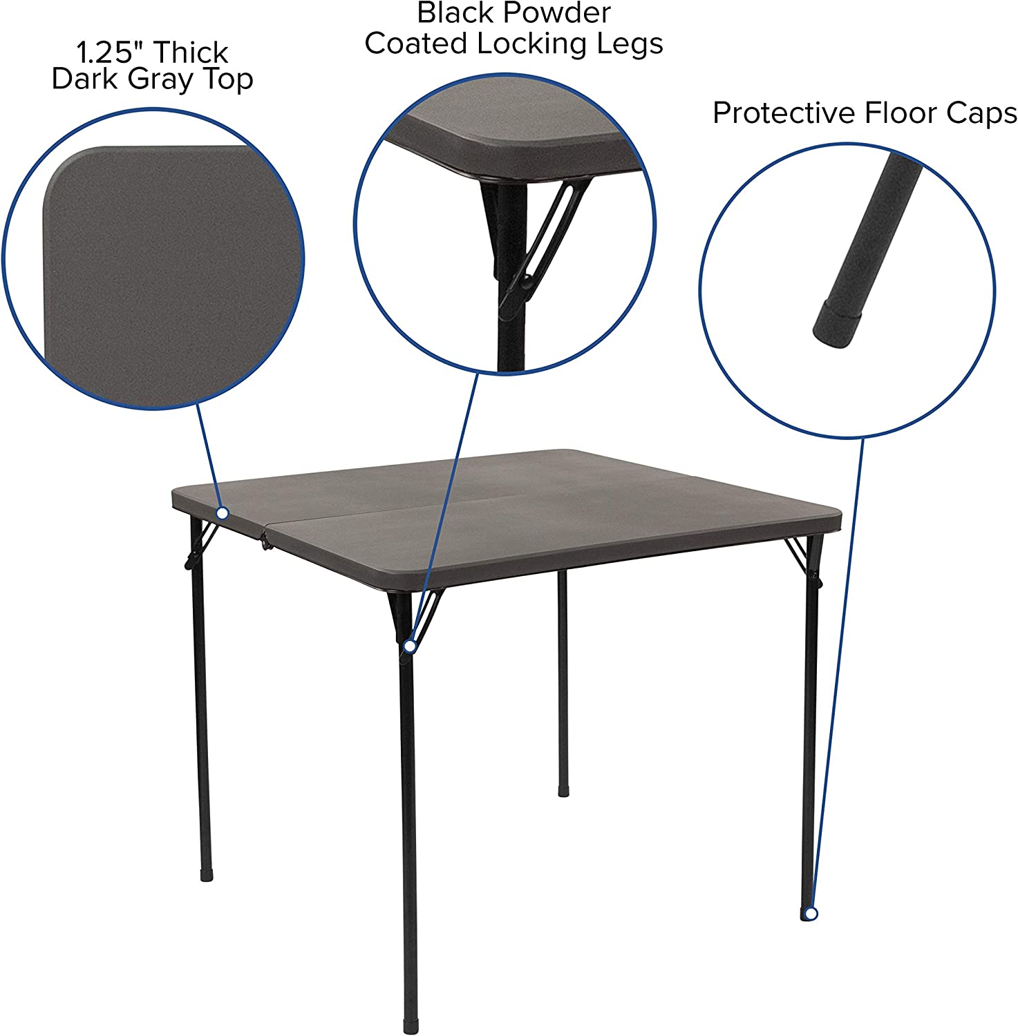Furniture Dunham 2.83-Foot Square Bi-Fold Dark Gray Plastic Folding Table with Carrying Handle