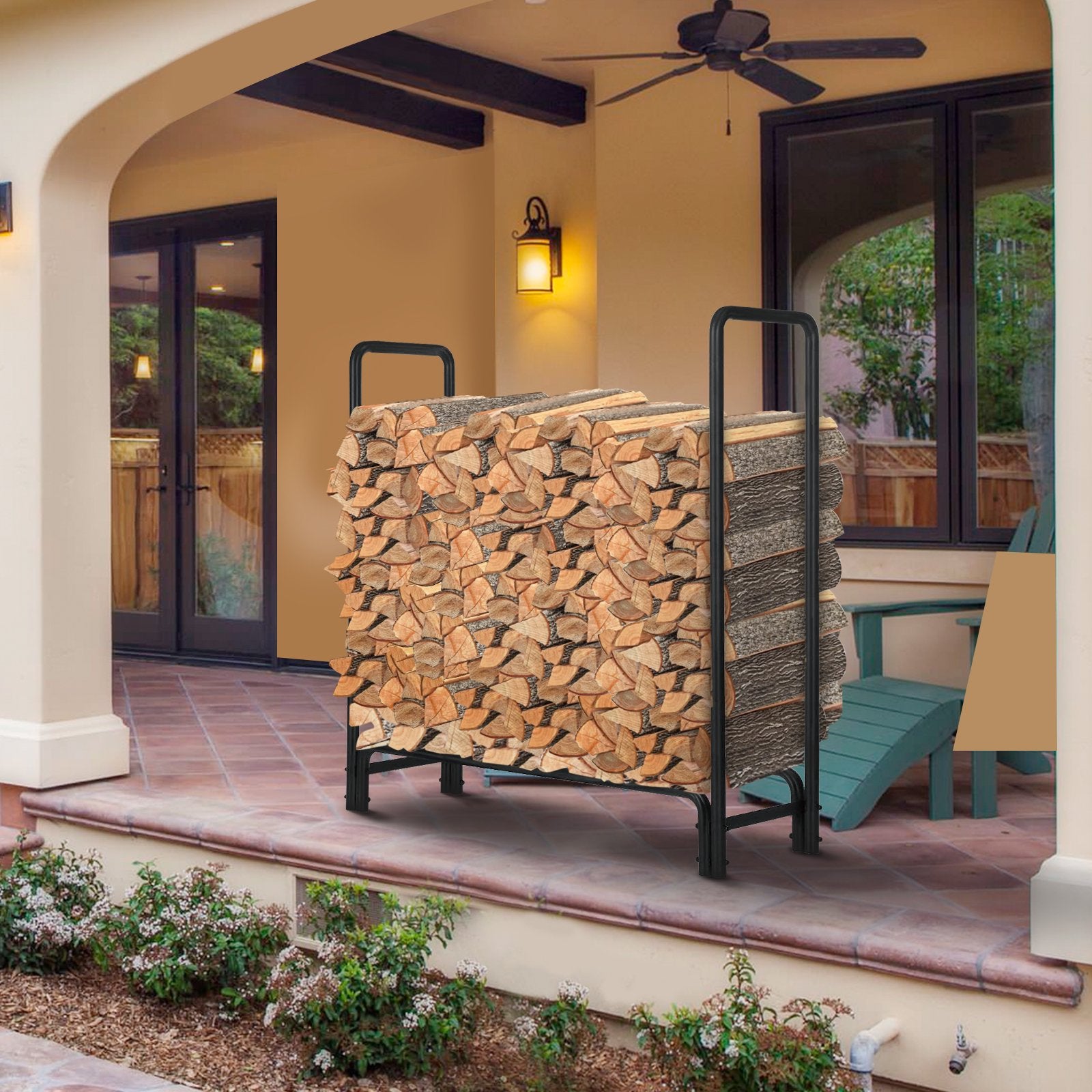 4 ft Firewood Rack, Outdoor Steel Firewood Log Rack Wood Storage Holder for Fireplace Black