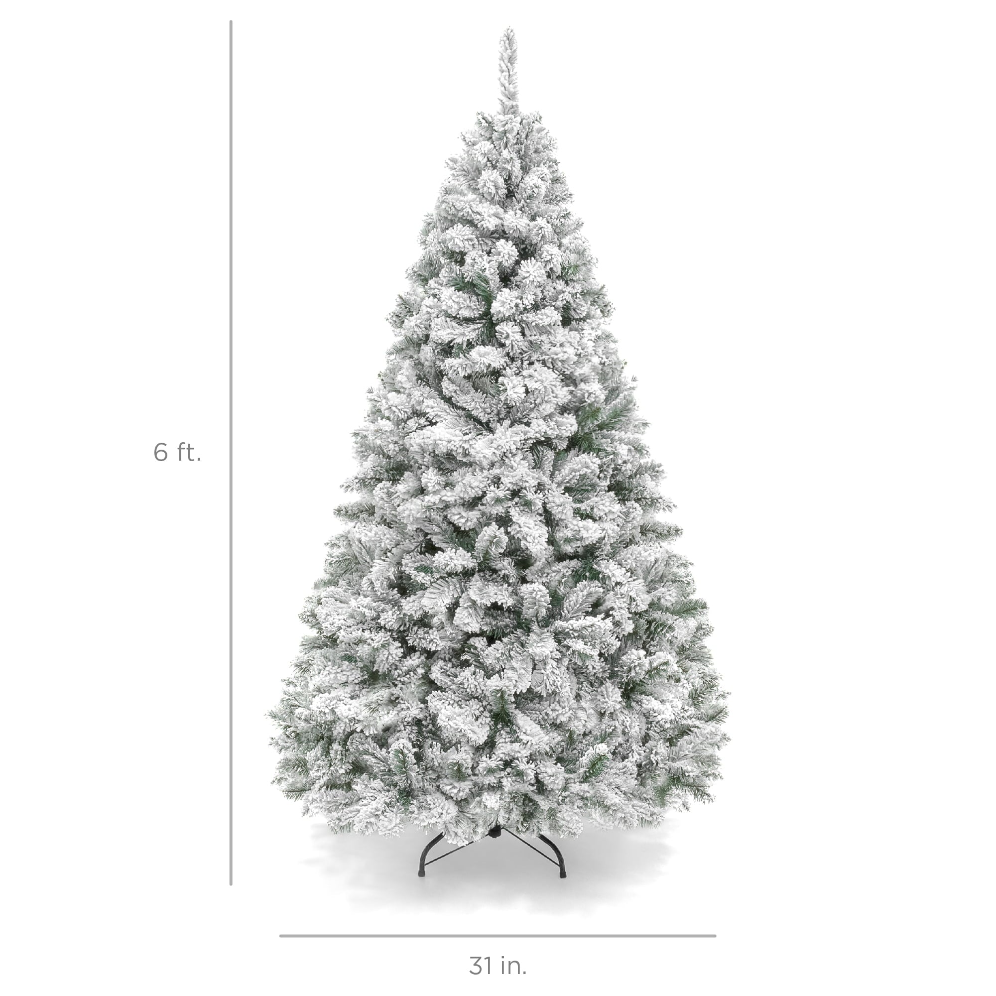 6ft Premium Holiday Christmas Pine Tree w/ Snow Flocked Branches, Foldable Metal Base