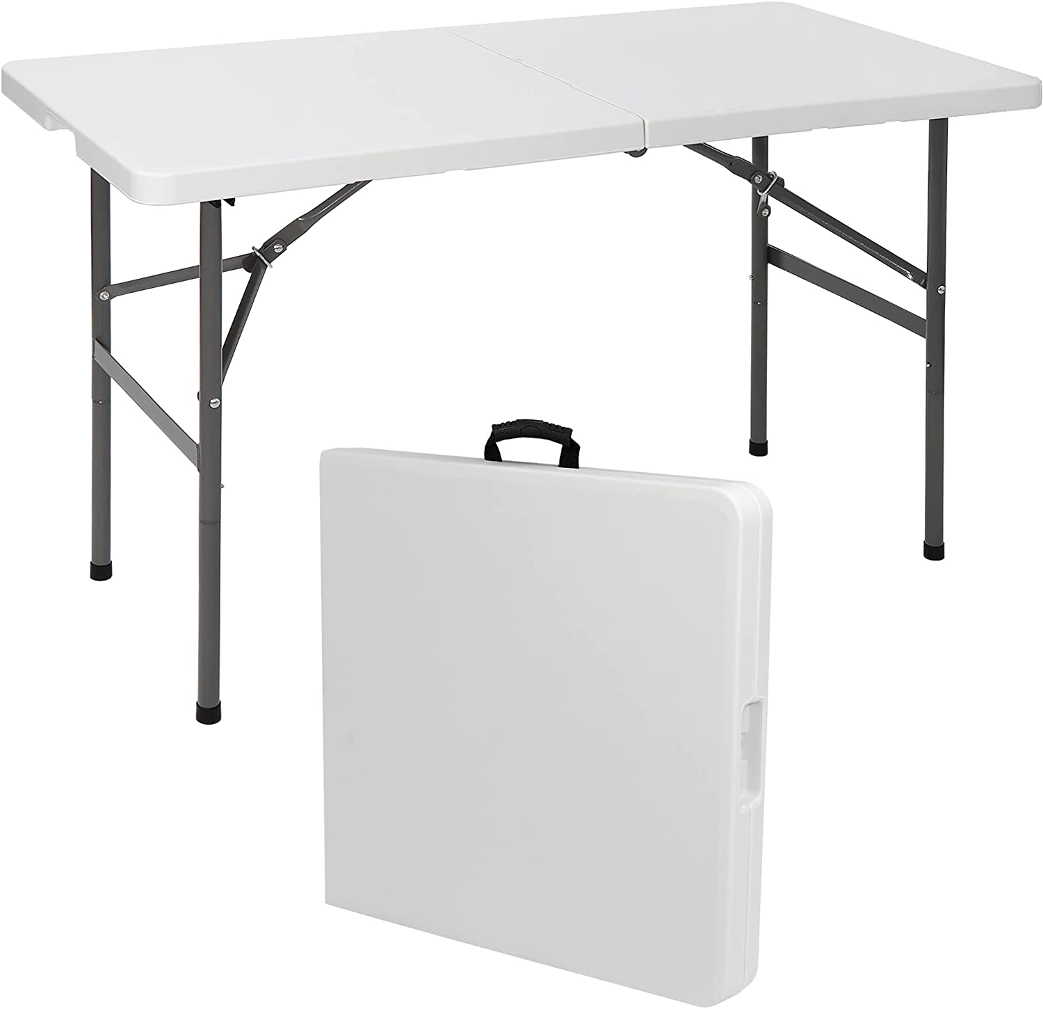 4 Foot Plastic Folding Table, Indoor Outdoor Heavy Duty Fold-in-Half Picnic Party