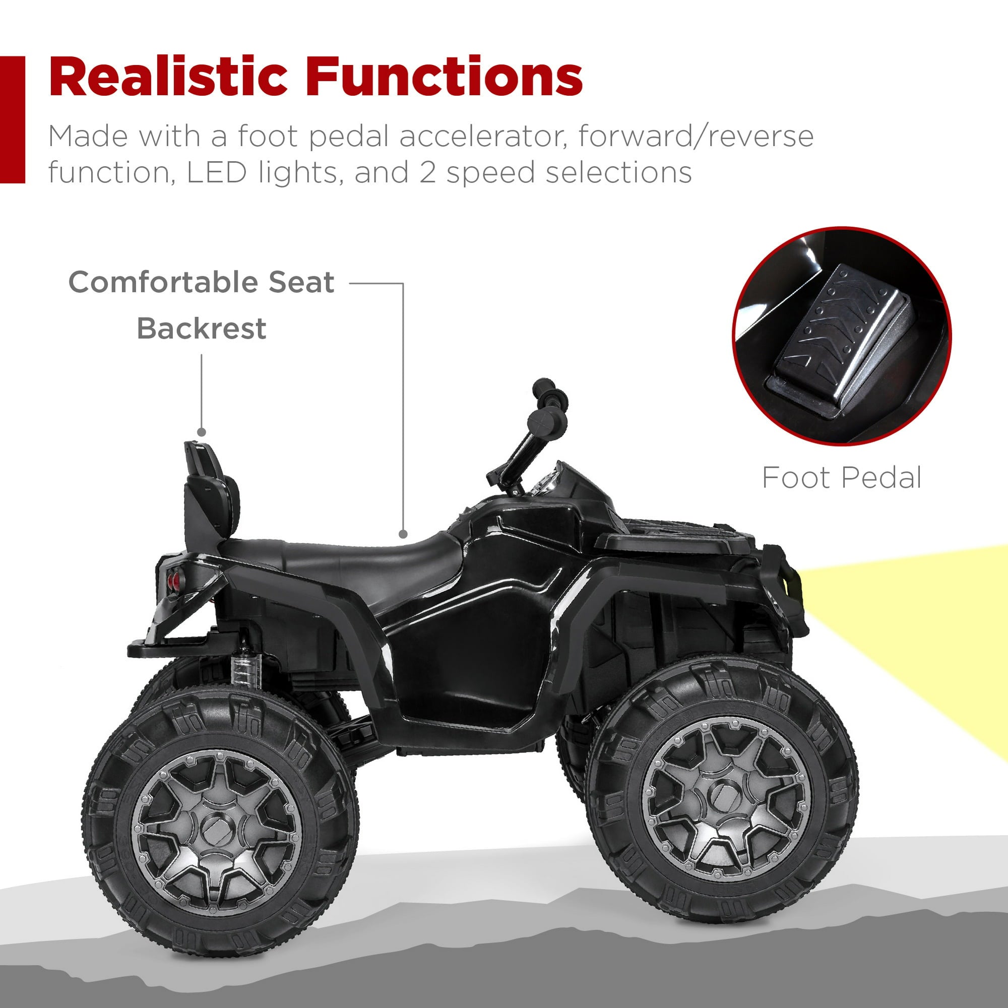 2V Kids Ride-On ATV Quad w/ Bluetooth, 3.7mph Max, Treaded Tires, LED Lights, Radio - Black