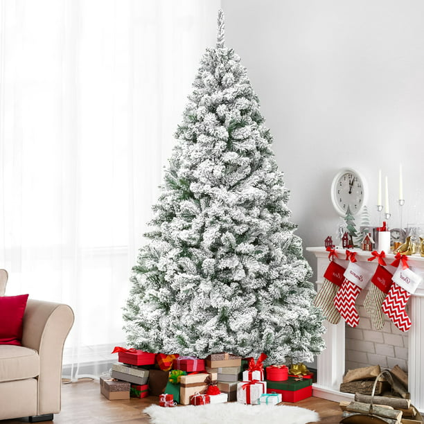 6ft Artificial Snow Decorated Flocked Hinged Christmas Tree with Metal Stand, White