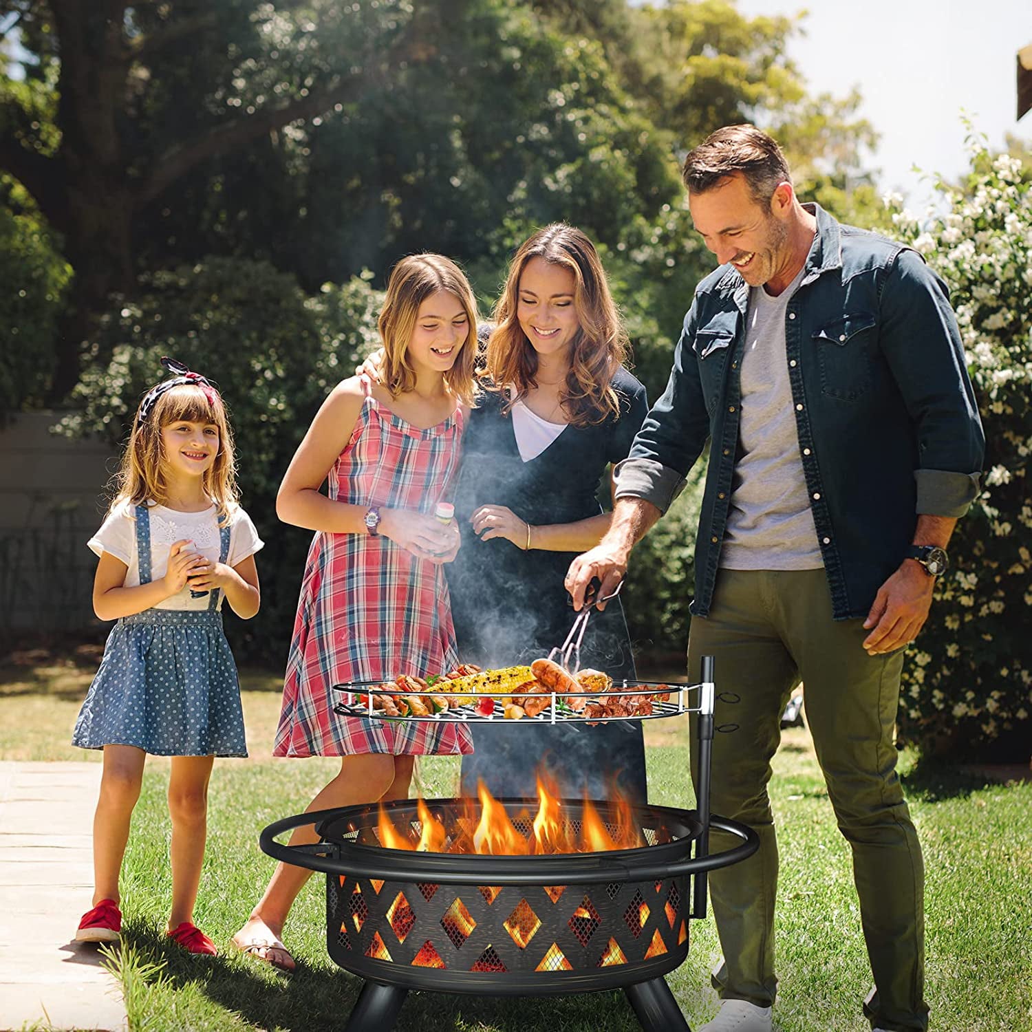 Fire Pit for Outside, 30 Inch Large Outdoor Wood Burning Fire Pits, Patio Backyard Firepit with Steel BBQ Grill Cooking Grate, Spark Screen  Poker for Garden, Bonfire, Camping, Picnic