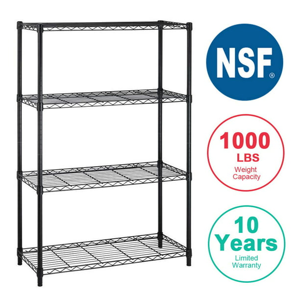 4 Shelf Wire Shelving Unit Garage NSF Wire Shelf Metal Storage Shelves Heavy Duty Height Adjustable for 1000 LBS Capacity Black