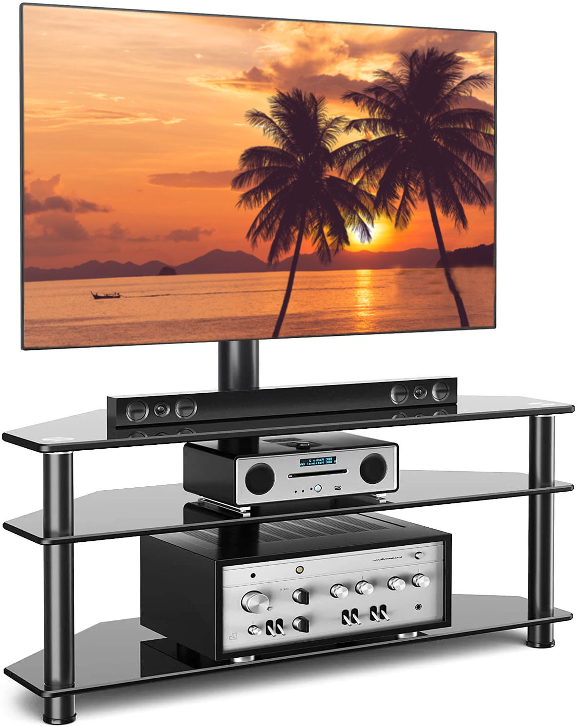 Corner TV Stand, 3-Tier Glass Floor TV Stand with Mount