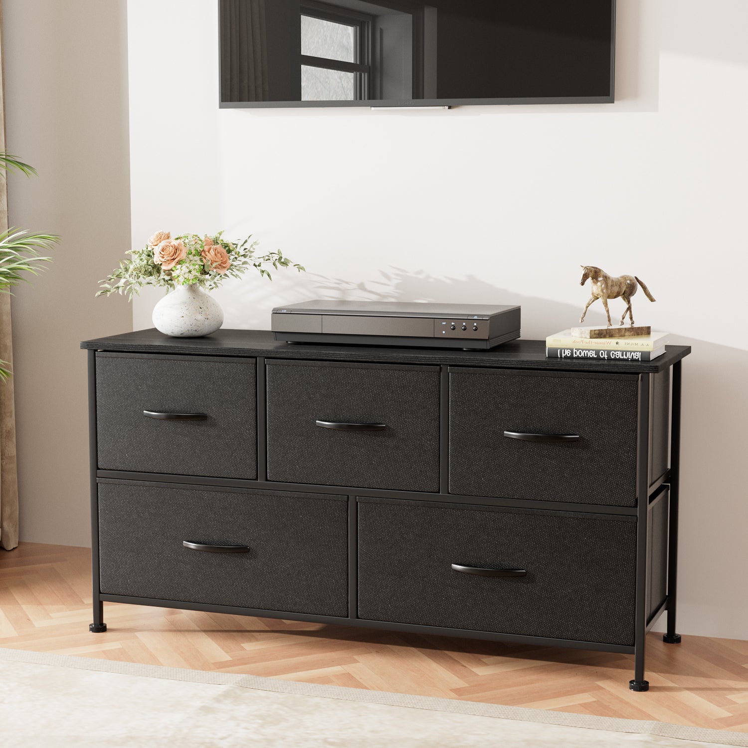 5 Drawer Fabric Dresser Wide Chest Of Drawers Nightstand With Wood Top Rustic Storage Tower Storage Dresser Closet For Living Room, Bedroom, Hallway, Nursery,Black