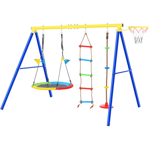 4 in 1 Outdoor Toddler Saucer Swing Set for Backyard, Playground Tree Swing Sets with Steel Frames, Climbing Rope with Disc Tree Swing Playset and Basketball Hoop