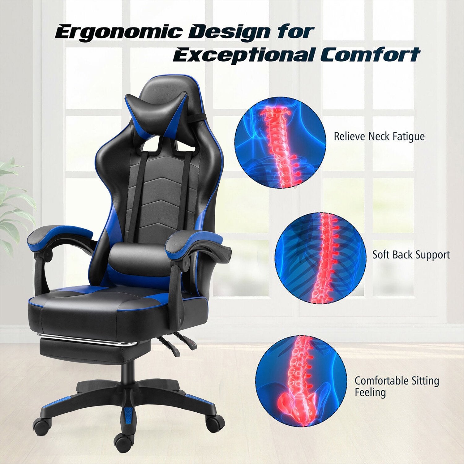 Gaming Chair Racing High Back Office Chair with Footrest Blue