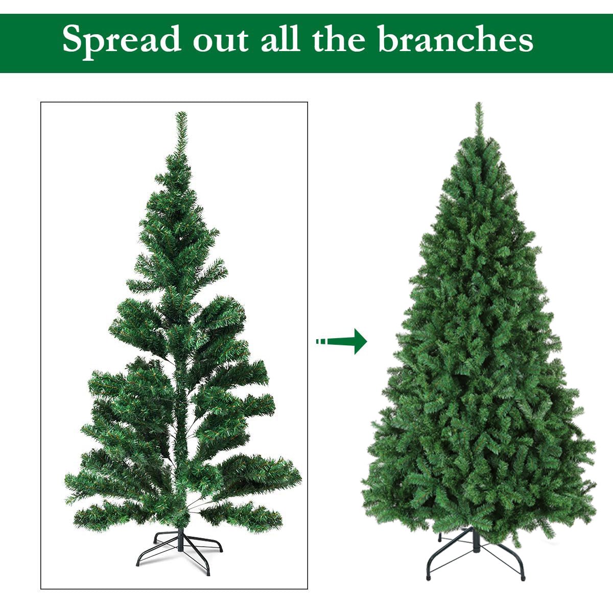 6ft Premium Christmas Tree, Pine Hinged Artificial Holiday Tree with 1000 Tips, Metal Base - Green