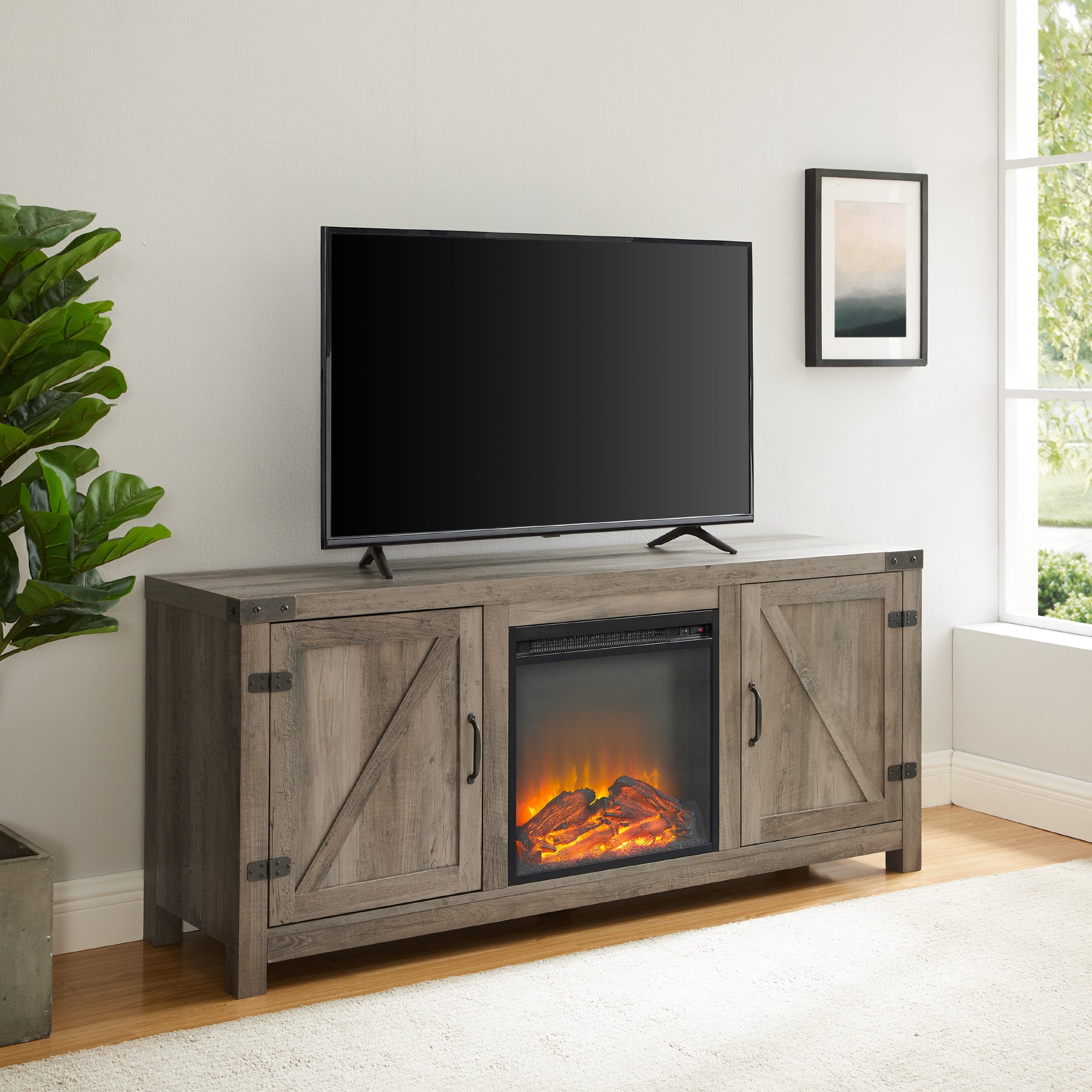 Fireplace TV Stand for TVs up, Black Oak