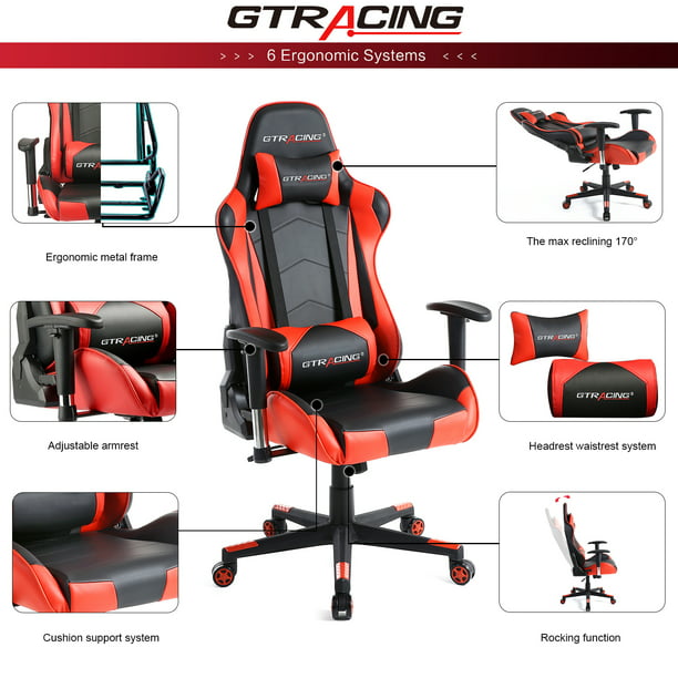 Gaming Chair Office Chair PU Leather with Adjustable Headrest and Lumbar Pillow, Red