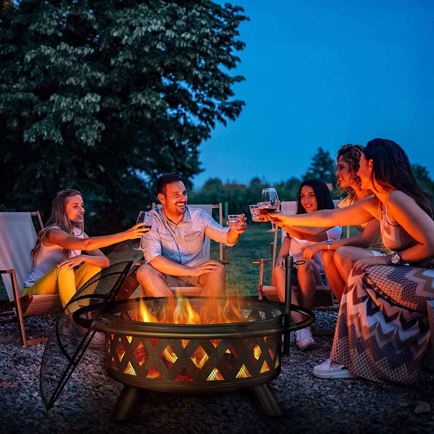 Fire Pit for Outside, 30 Inch Large Outdoor Wood Burning Fire Pits, Patio Backyard Firepit with Steel BBQ Grill Cooking Grate, Spark Screen  Poker for Garden, Bonfire, Camping, Picnic