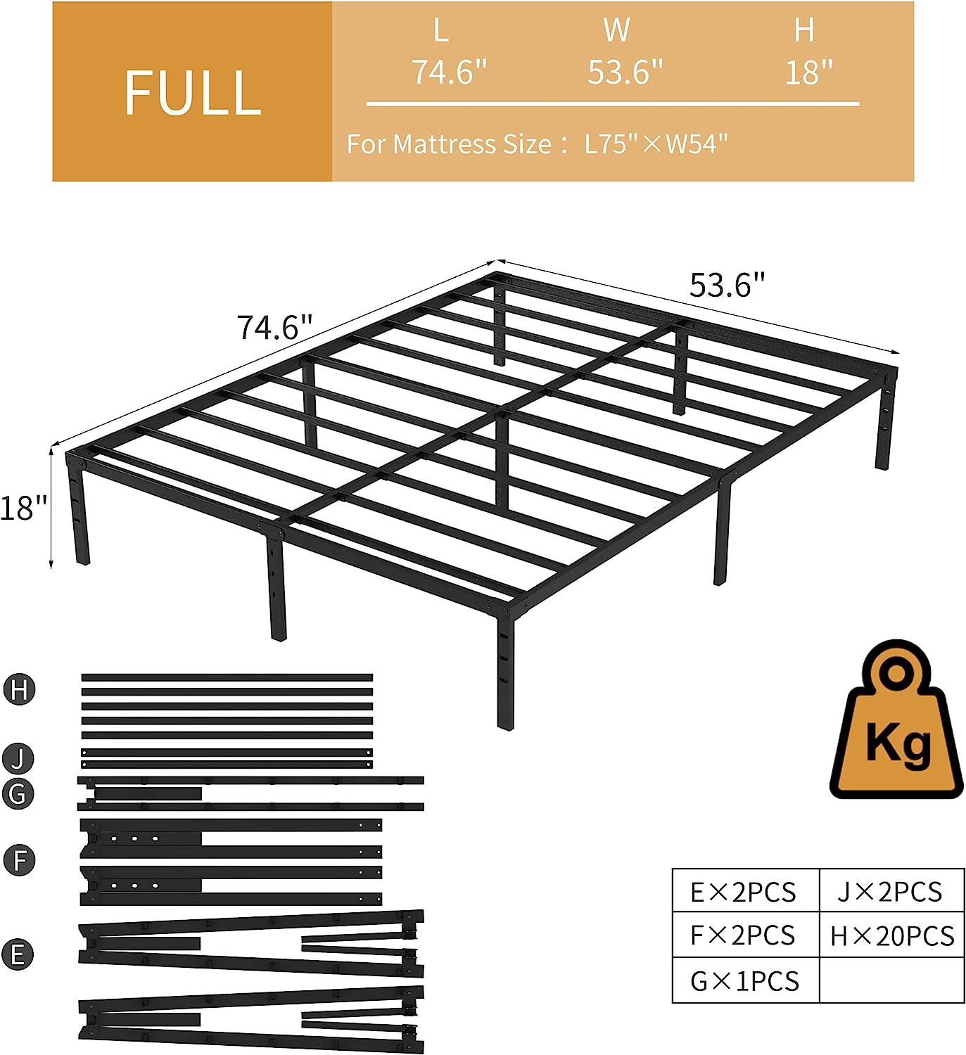 Full Bed Frame, 14 Inch Metal Platform Bed Frame