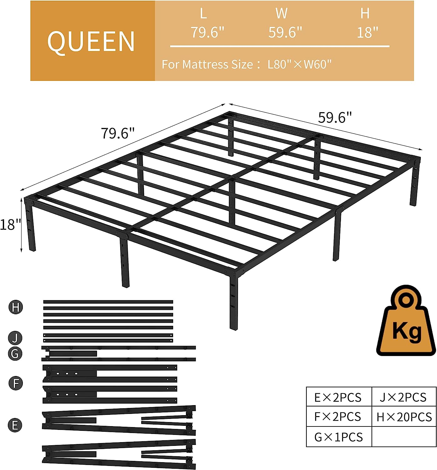 Queen Bed Frame, 14 Inch Metal Platform Bed Frame
