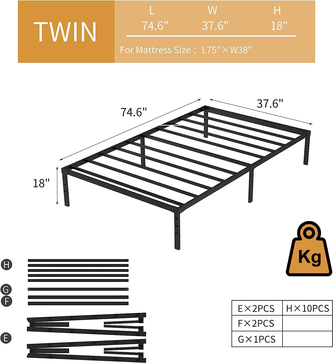 Twin Bed Frame, 14 Inch Metal Platform Bed Frame