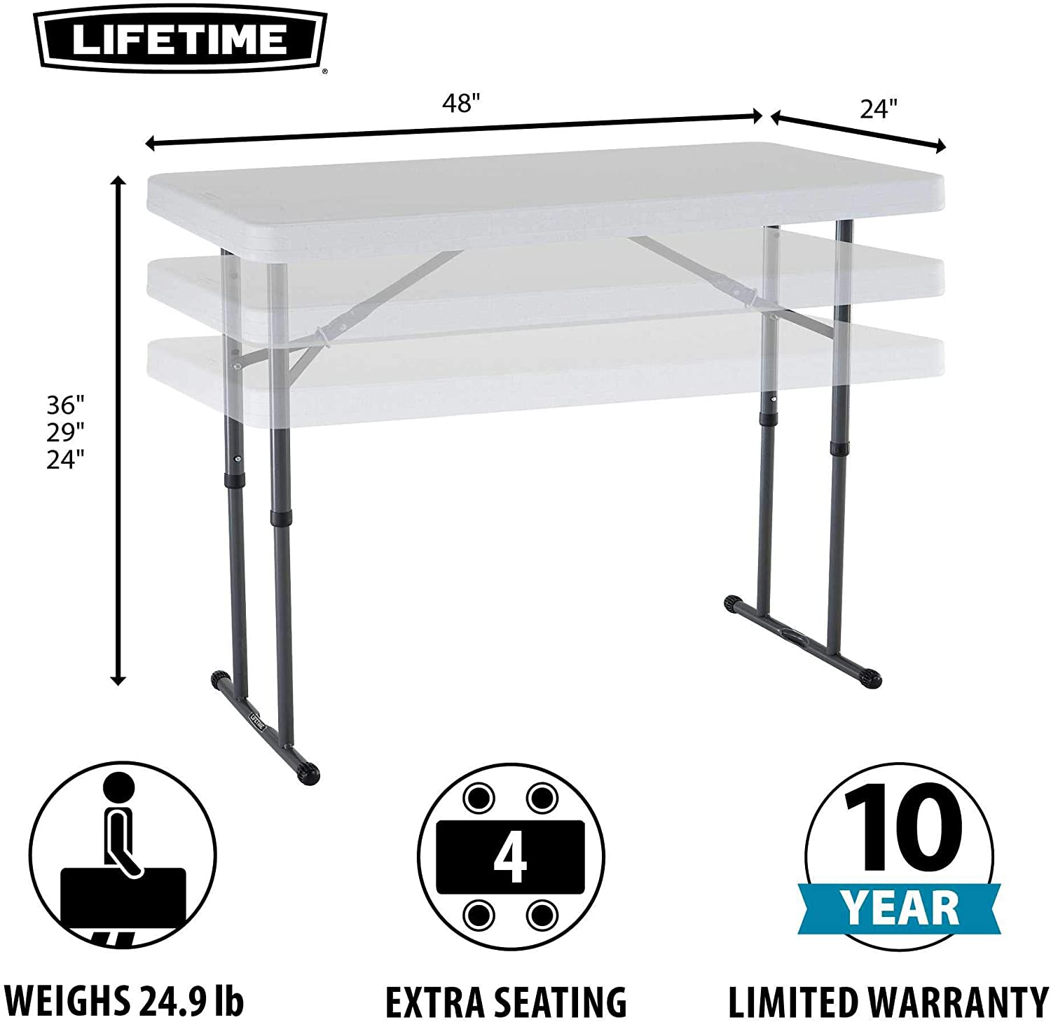 Commercial Height Adjustable Folding Utility Table, 4 Feet, White Granite