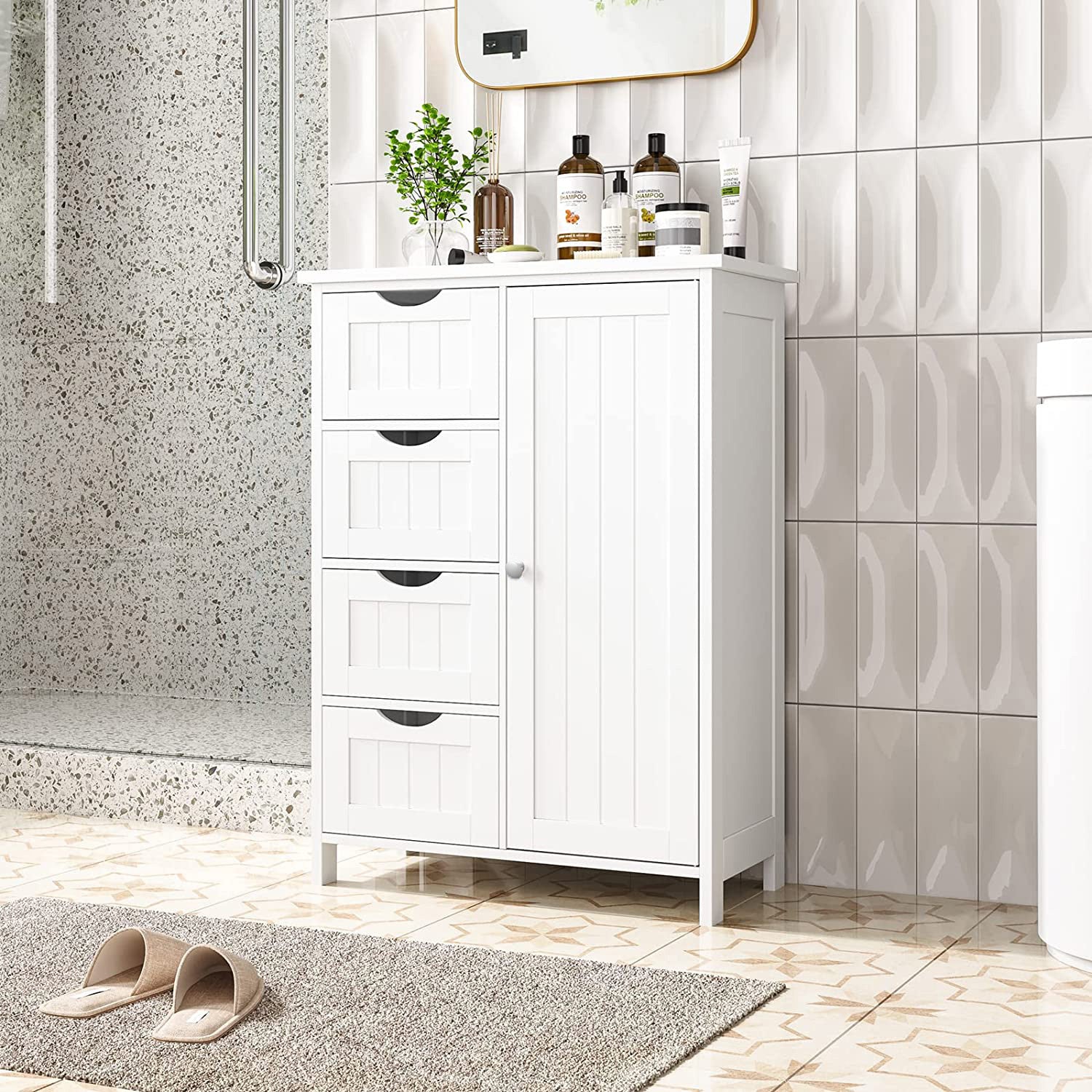 Storage Cabinet Wooden 4 Drawer Bathroom Entryway Cupboard, White