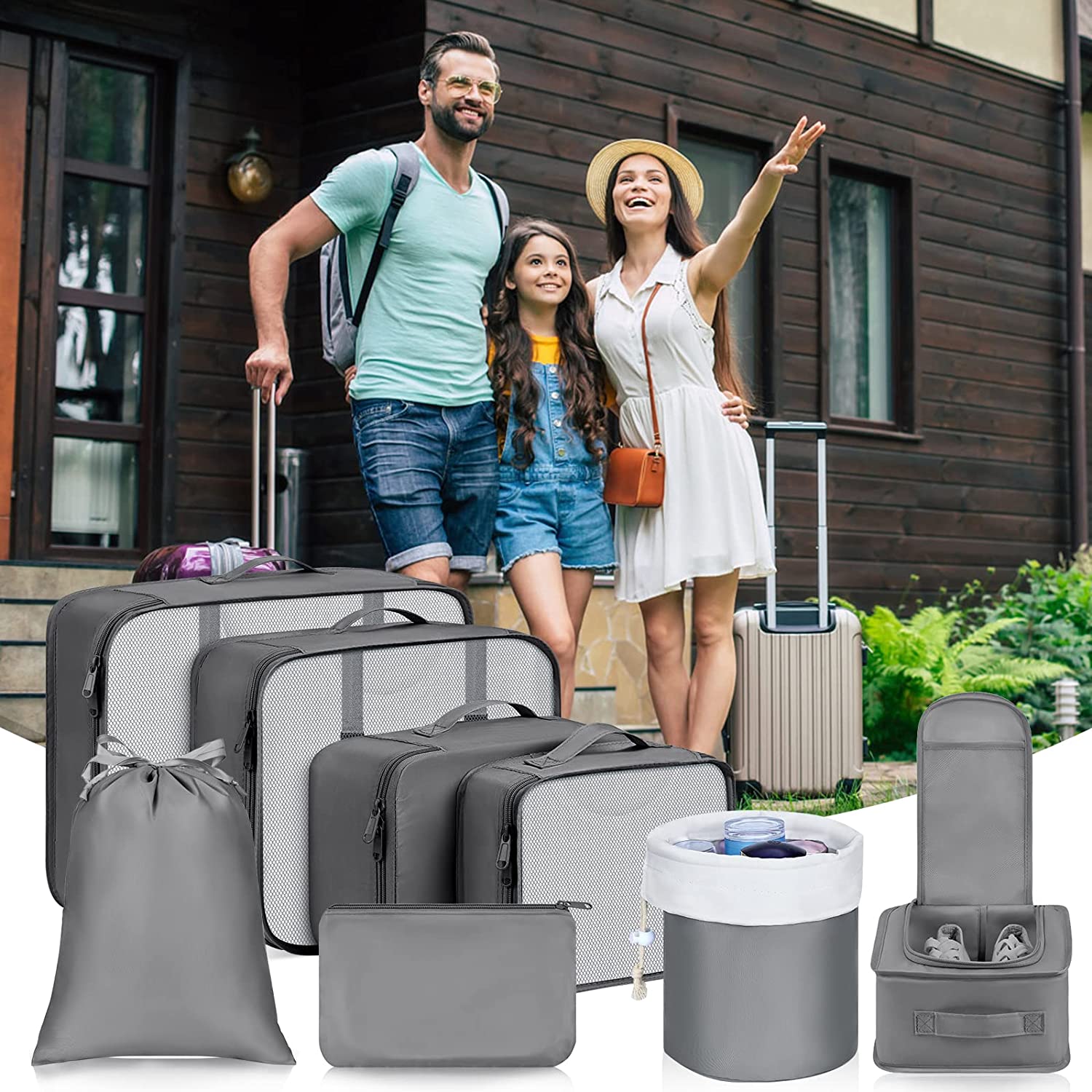 Packing Cubes for Travel, 8 Pcs Travel Cubes Set Foldable Suitcase Organizer Lightweight Luggage Storage Bag (Gray)